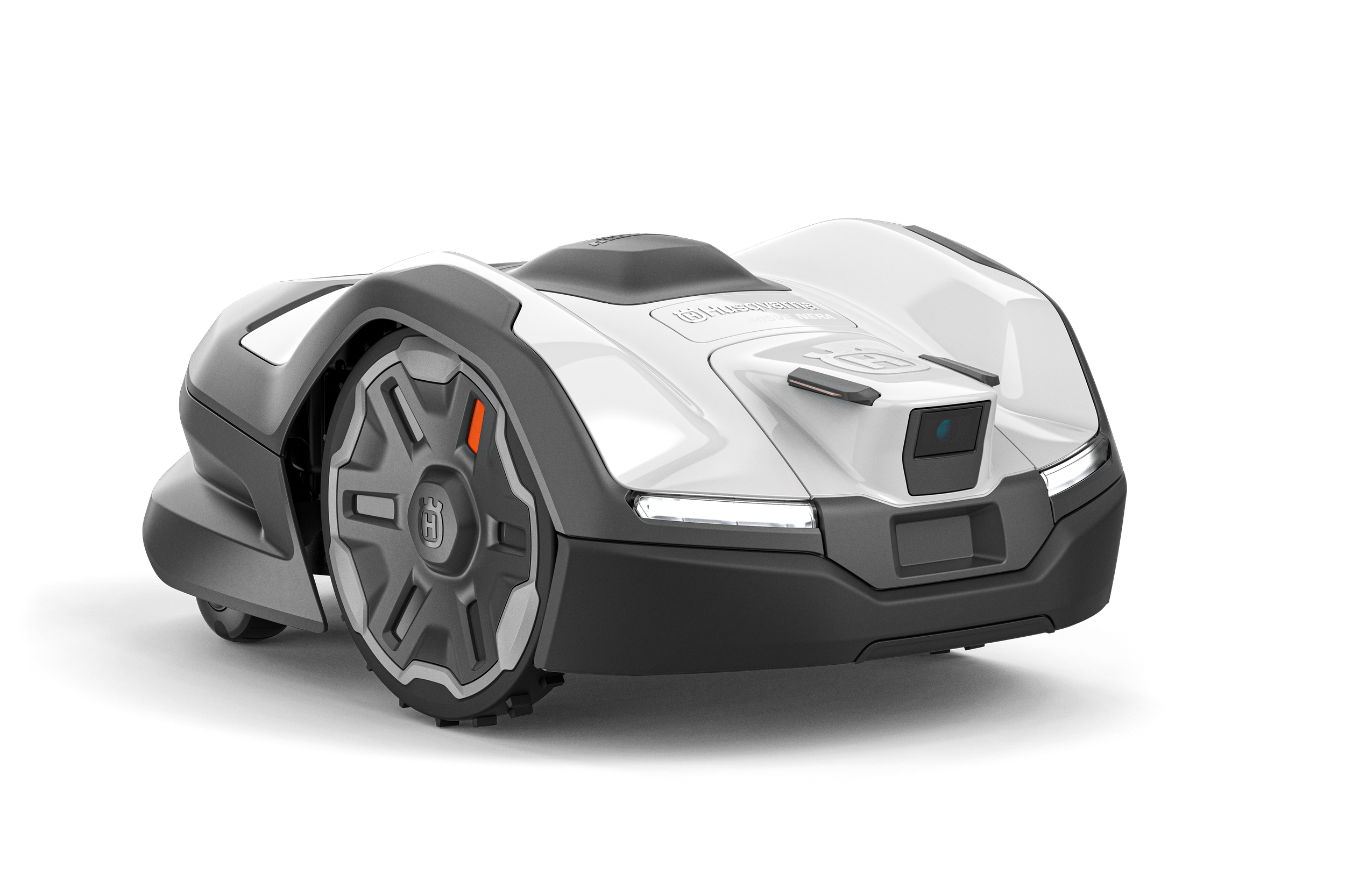 A modern robotic lawn mower with a sleek, low-profile design, primarily in white and black, featuring large gray wheels with orange accents and a camera or sensor on the top.