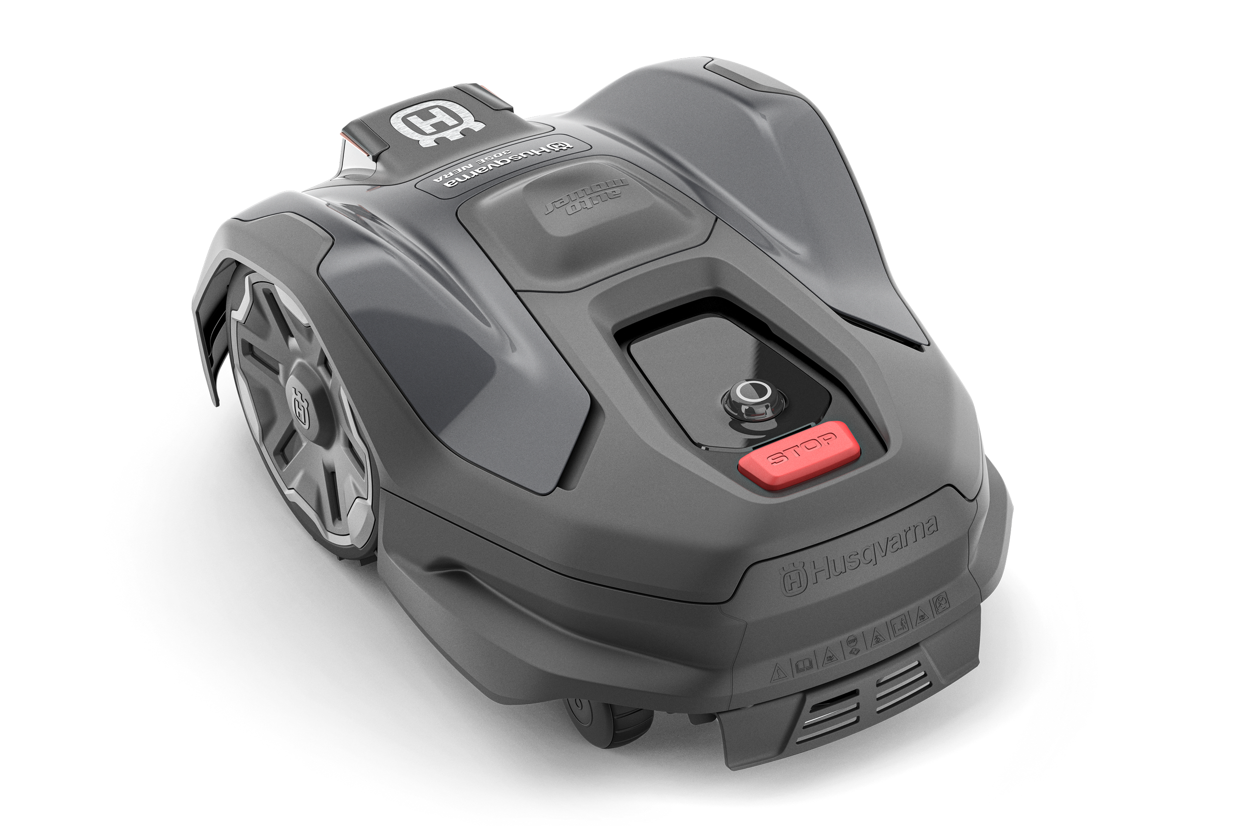 A gray robotic lawn mower with the Husqvarna logo and a red stop button.