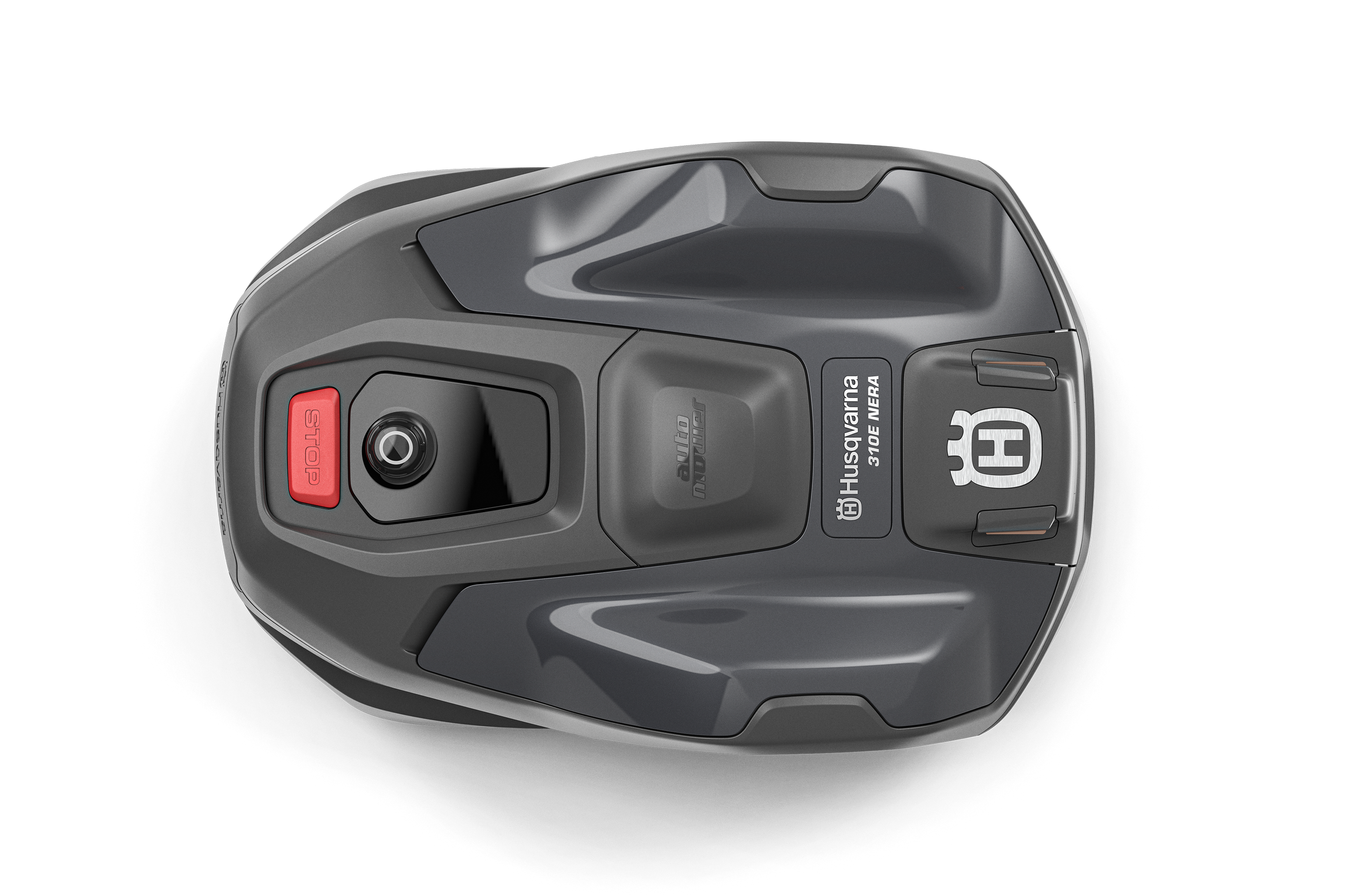 Top view of a Husqvarna 310E outdoor robotic lawn mower with a gray and black design, red stop button, and brand logos.