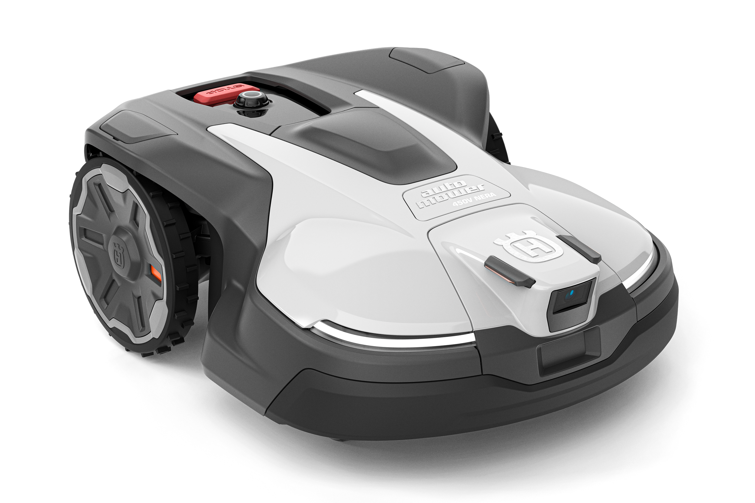 A modern robotic lawn mower with a white and gray body, large wheels, and a control panel on top, designed for yard maintenance.