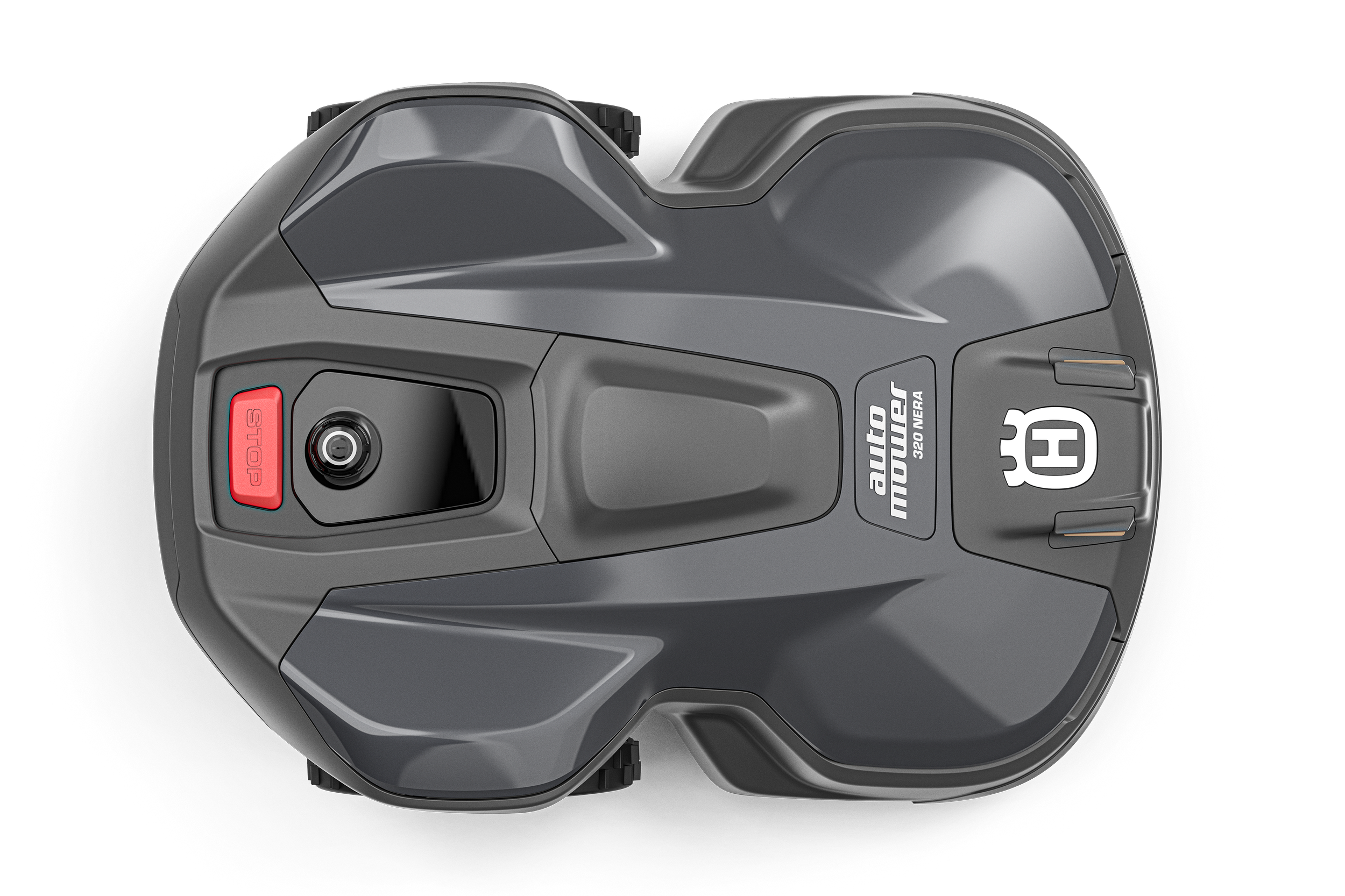 Overhead view of a Bosch cordless electric lawn mower with a gray body, a red stop button, and a black charging port.