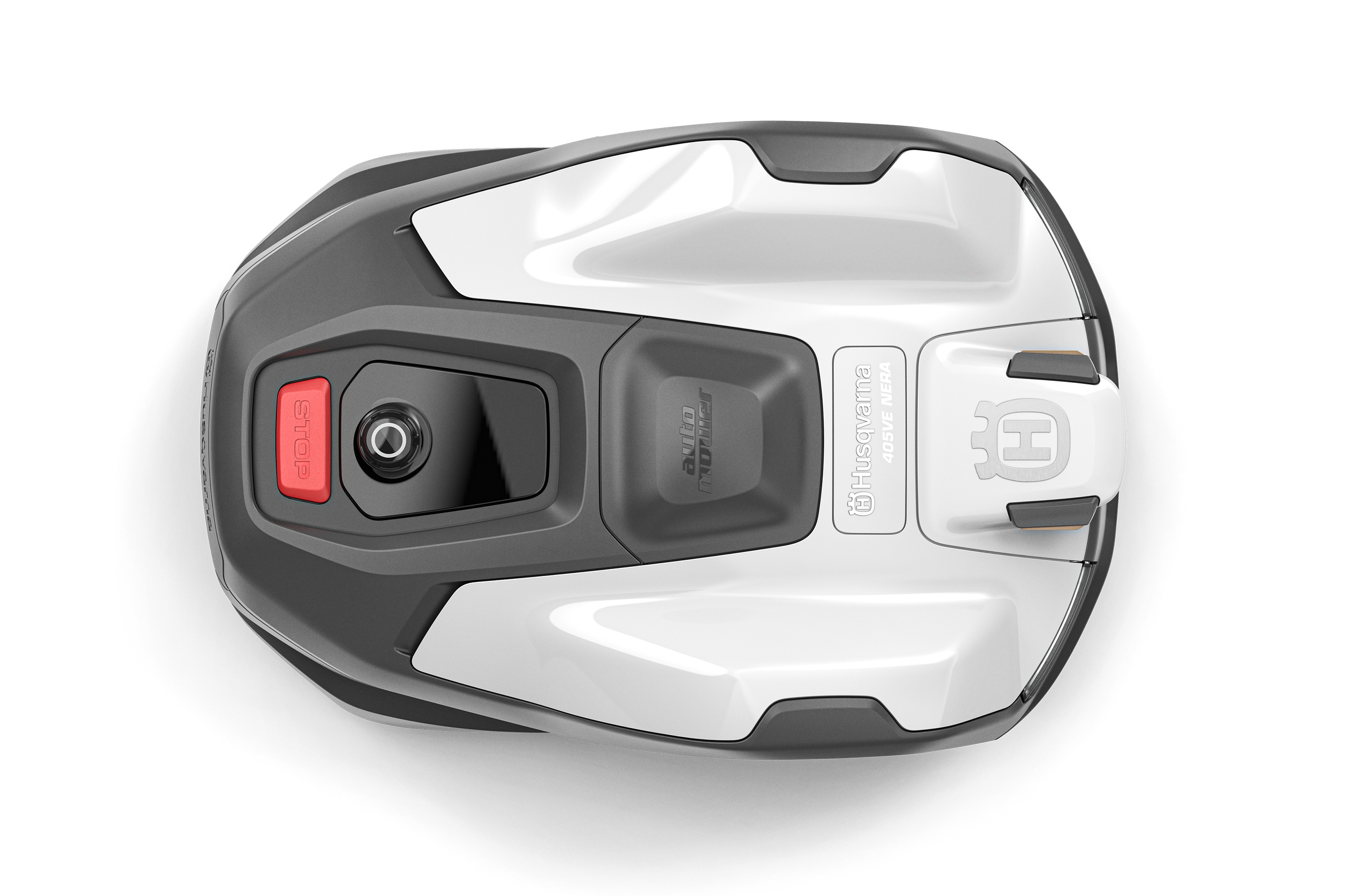 Top view of a Husqvarna Automower robotic lawn mower against a black background.