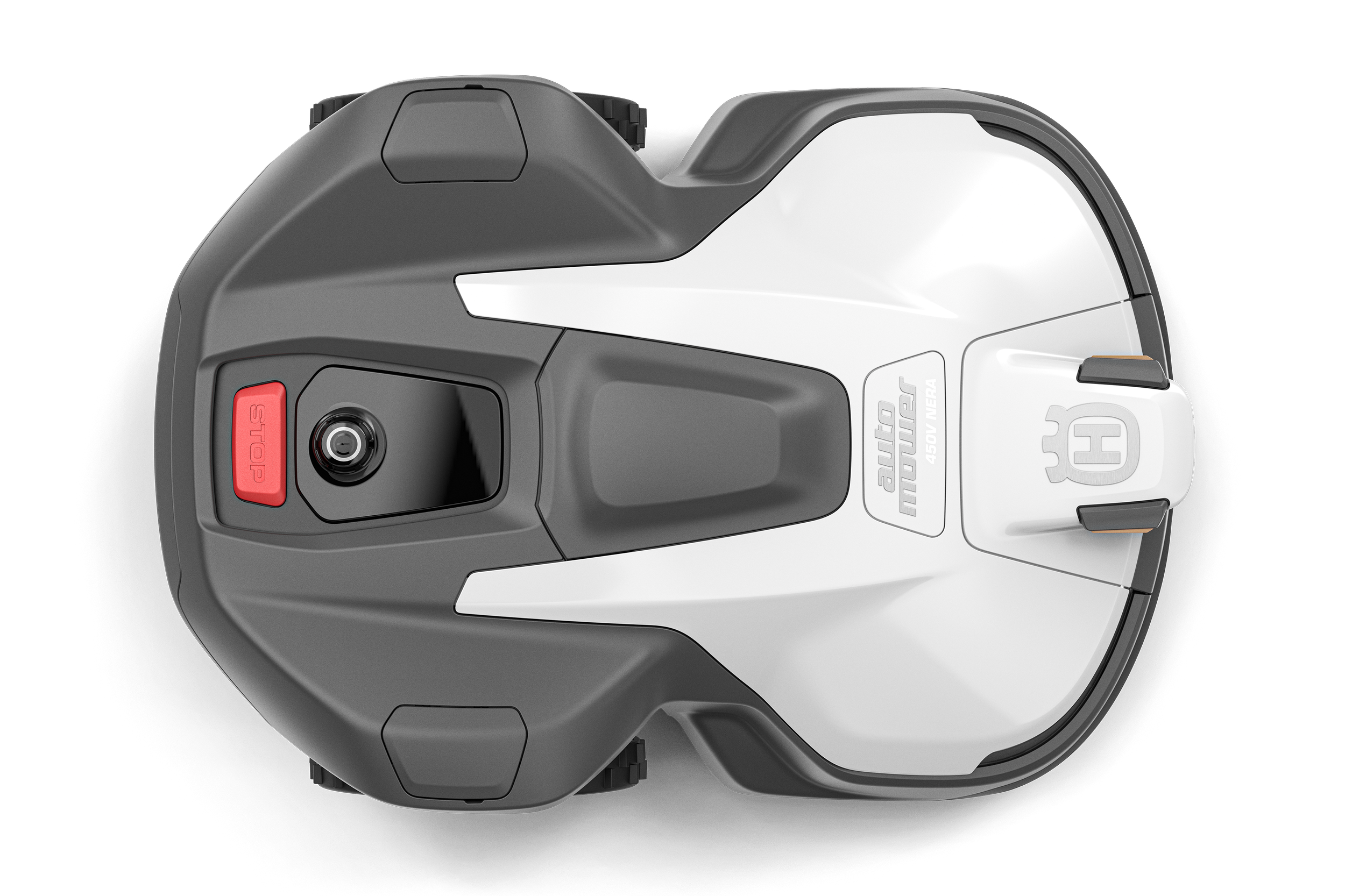 Top view of a Husqvarna Autoclip robotic lawn mower with a white and gray body, a central camera, and a large red stop button.