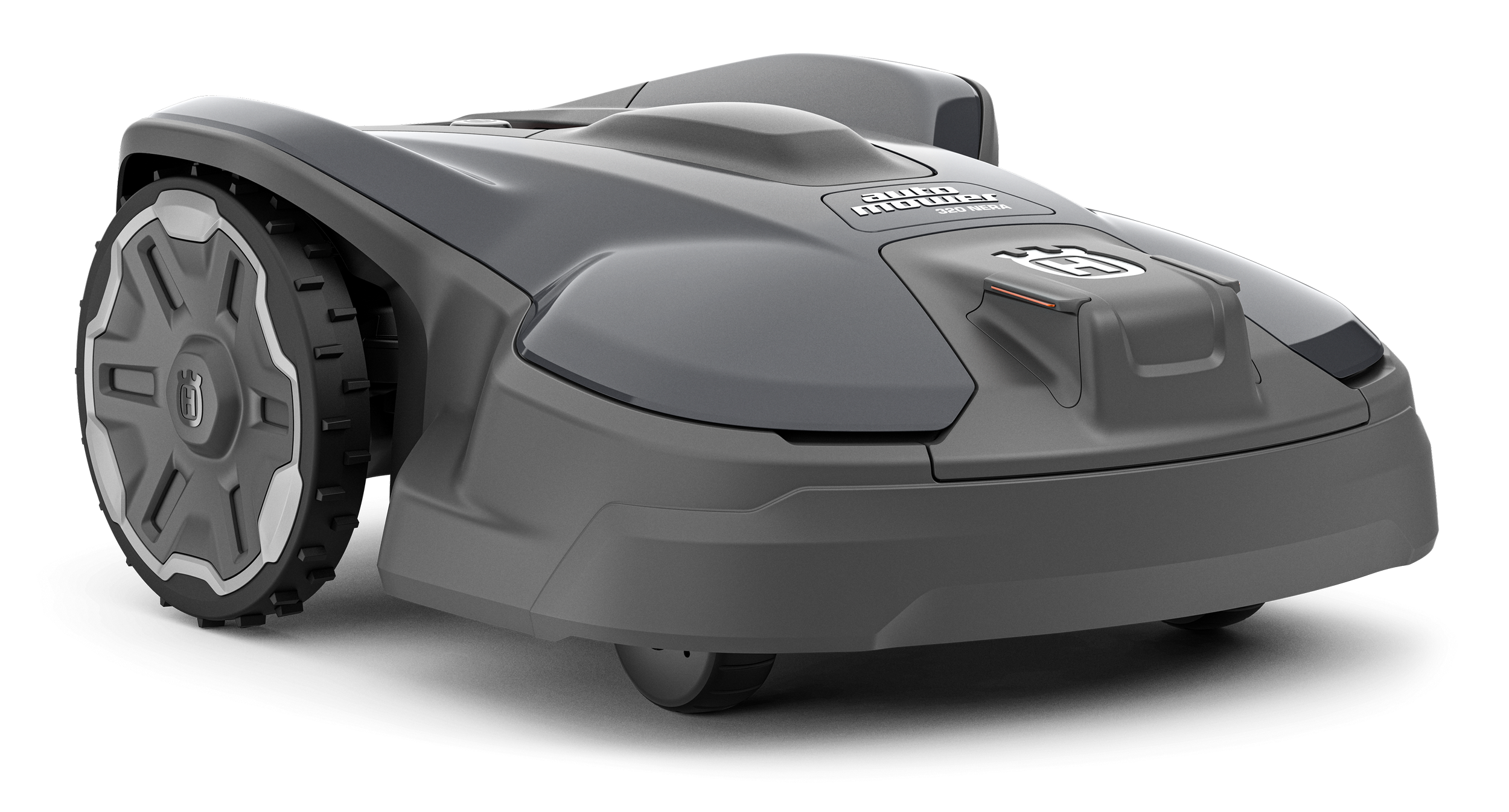 A robotic lawn mower in gray with black accents, featuring large rear wheels with a distinctive tire tread and a protective cover on top, labeled with the brand "GS" and the model "550 REGA."