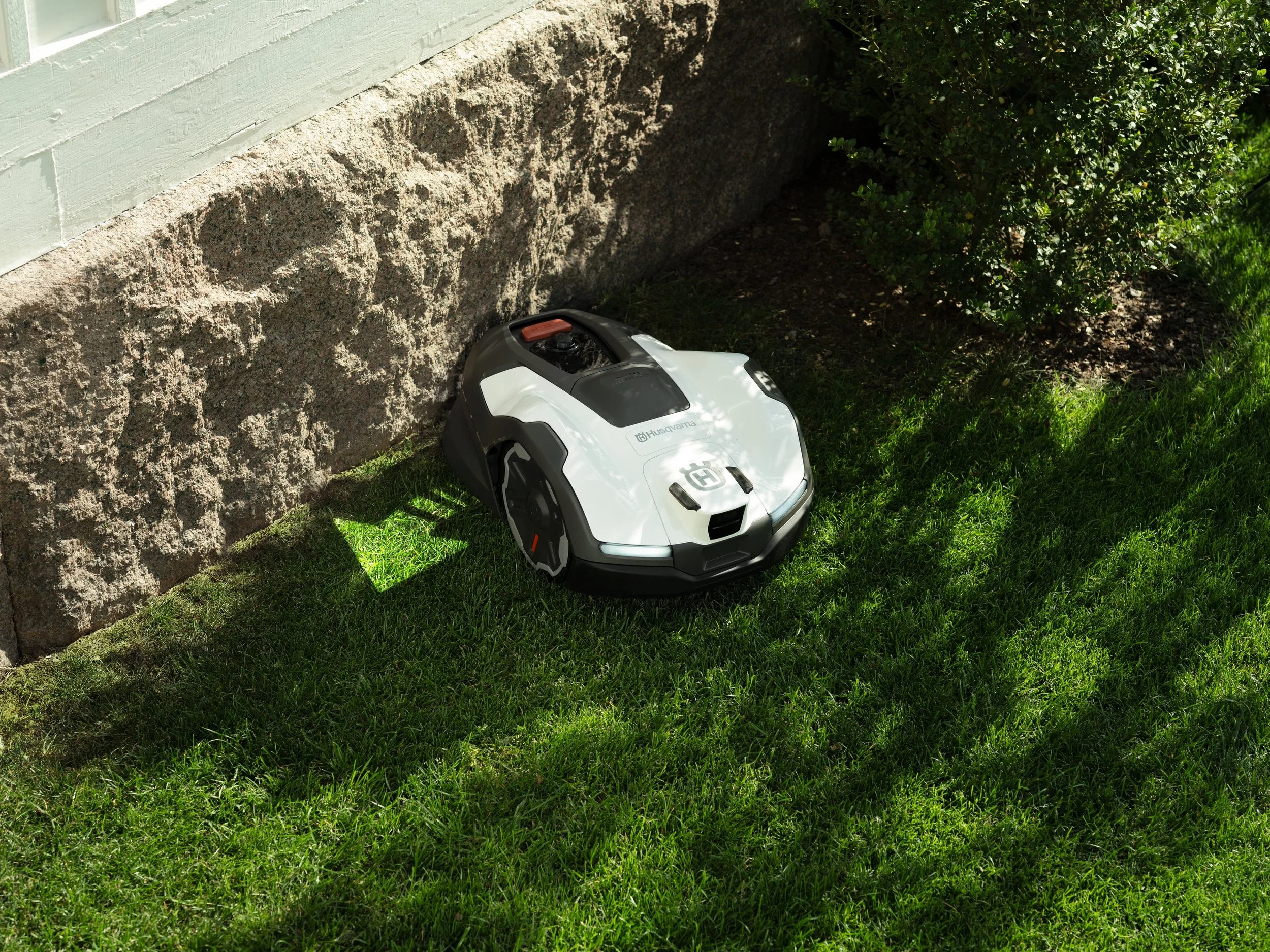 A robotic lawn mower on a green lawn next to a house wall with a stone foundation and bushes.