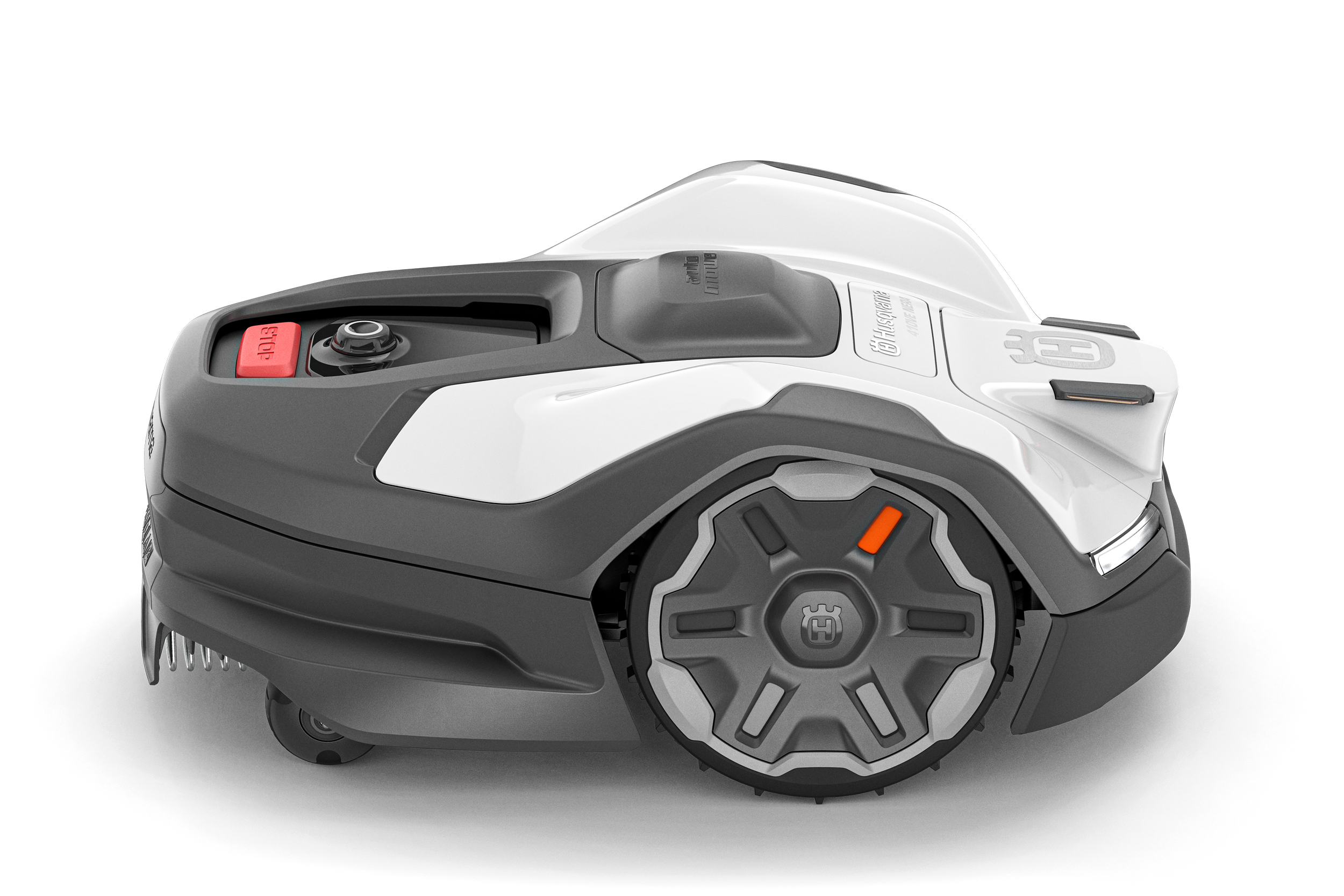 Modern robotic lawn mower with gray, black, and white design on a black background