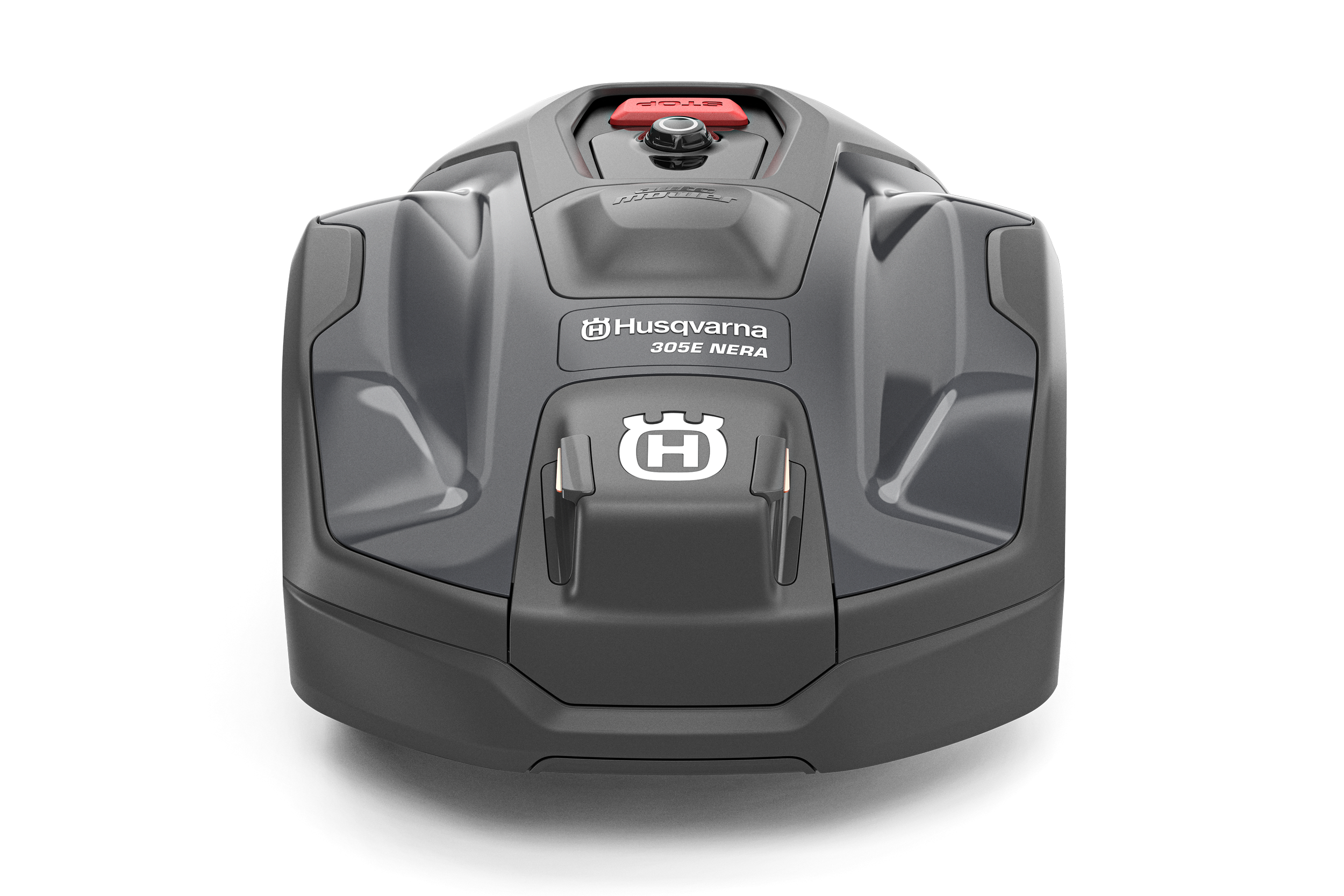 Front view of a Husqvarna 305E NERA robotic lawn mower on a black background.
