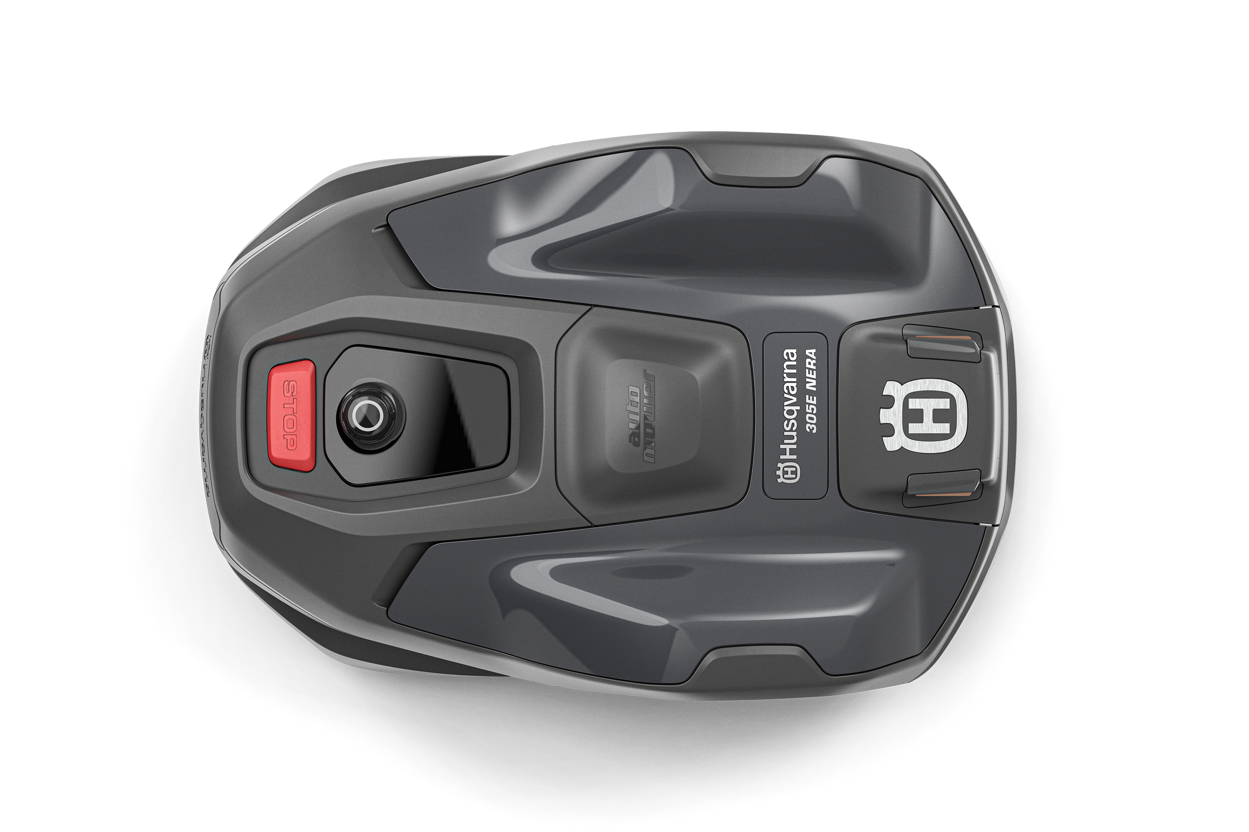 Top view of a Husqvarna 305F NEIRA robotic lawn mower, displaying the red stop button, sensor, and brand markings.