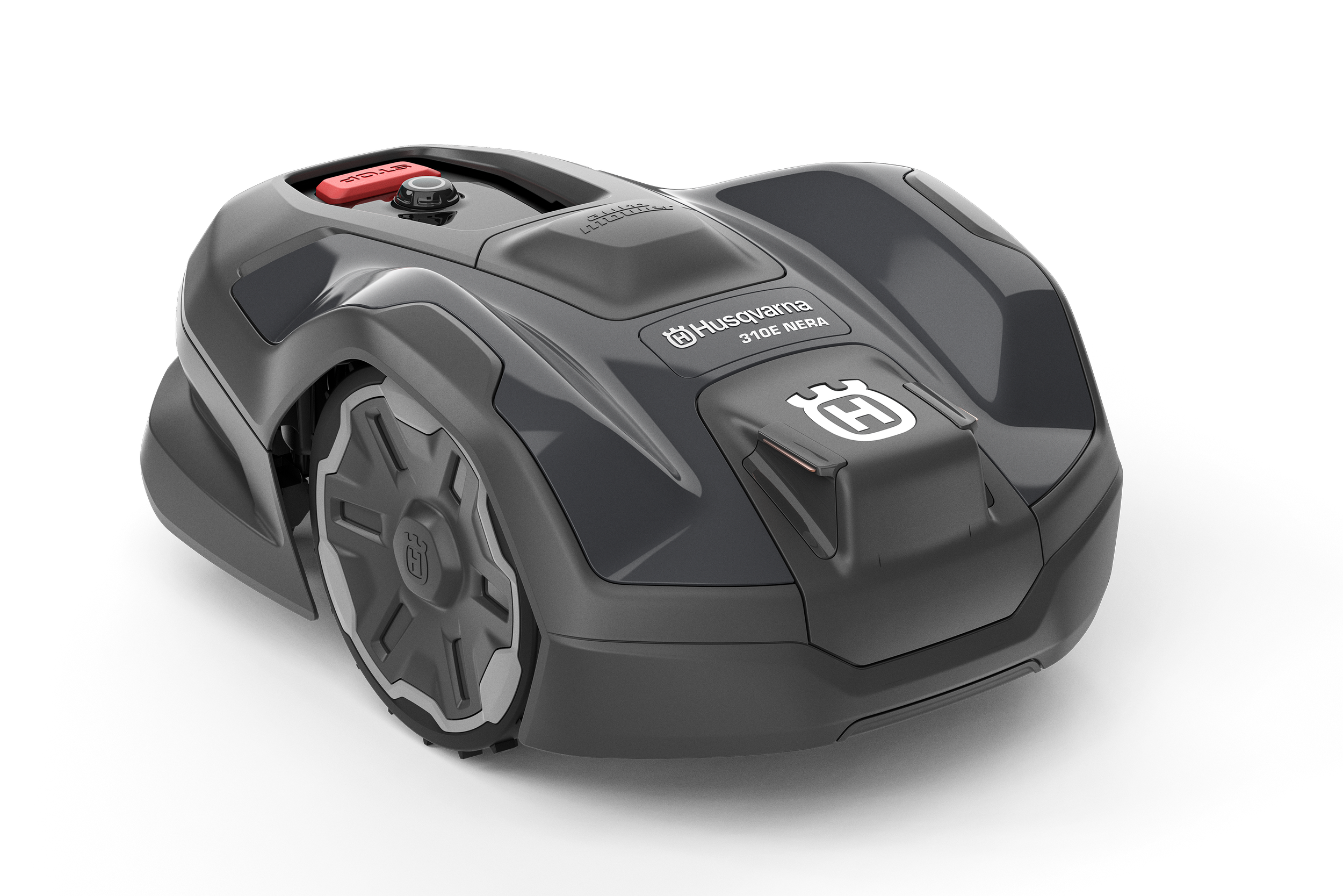 Husqvarna 310E NERA robotic lawn mower in black and gray with branding and large wheels, isolated on black background.
