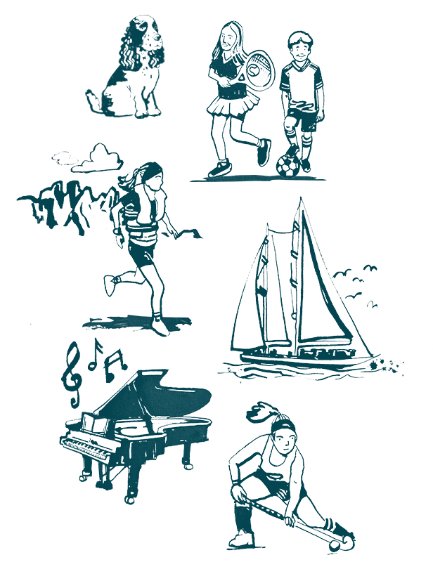 Kate Fletcher's life in drawings of various activities: sitting and playing guitar, running on a trail, playing soccer, sailing a boat, and playing the flute.