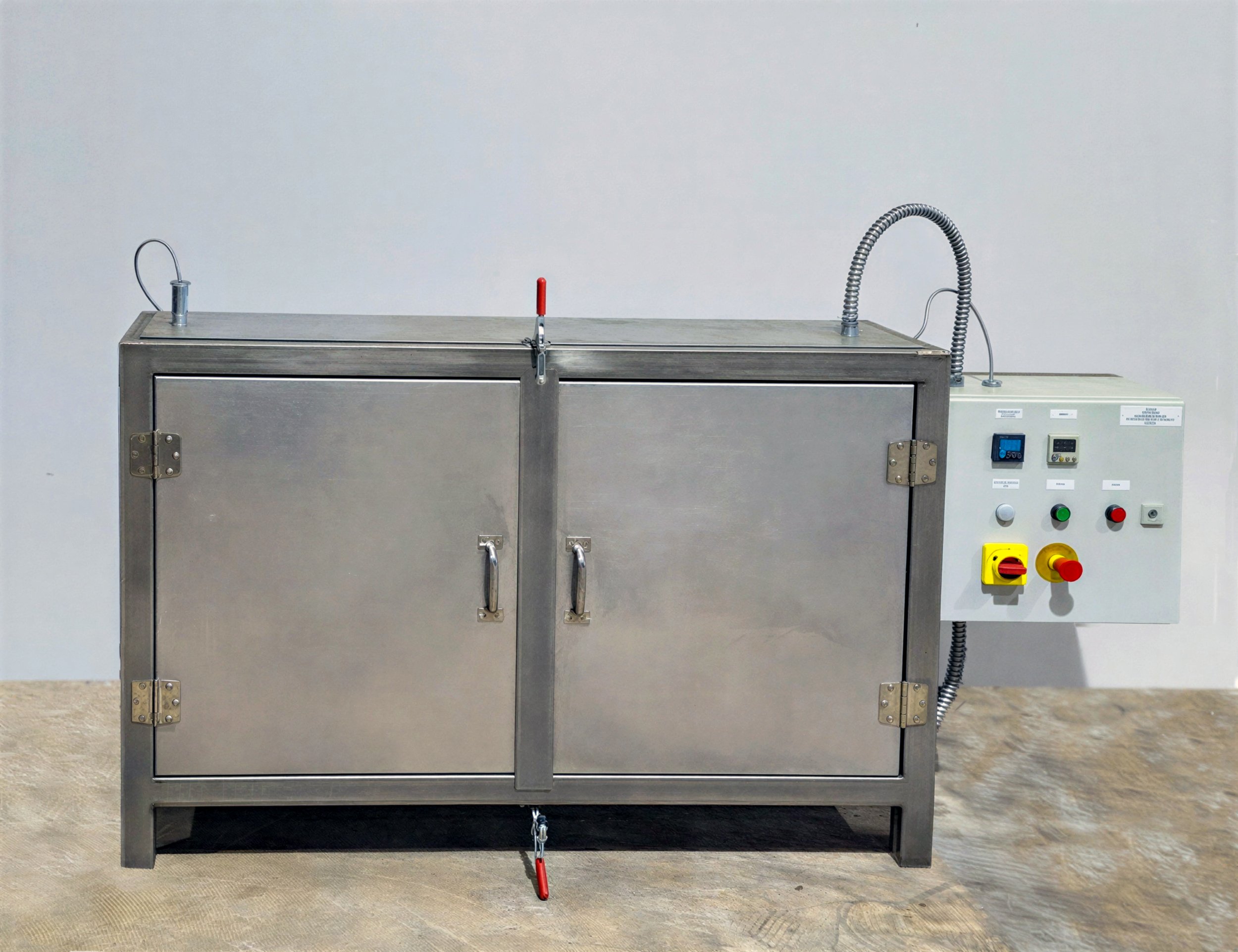 Worker welding metal on a large worktable in a busy industrial workshop with various tools and machinery around.