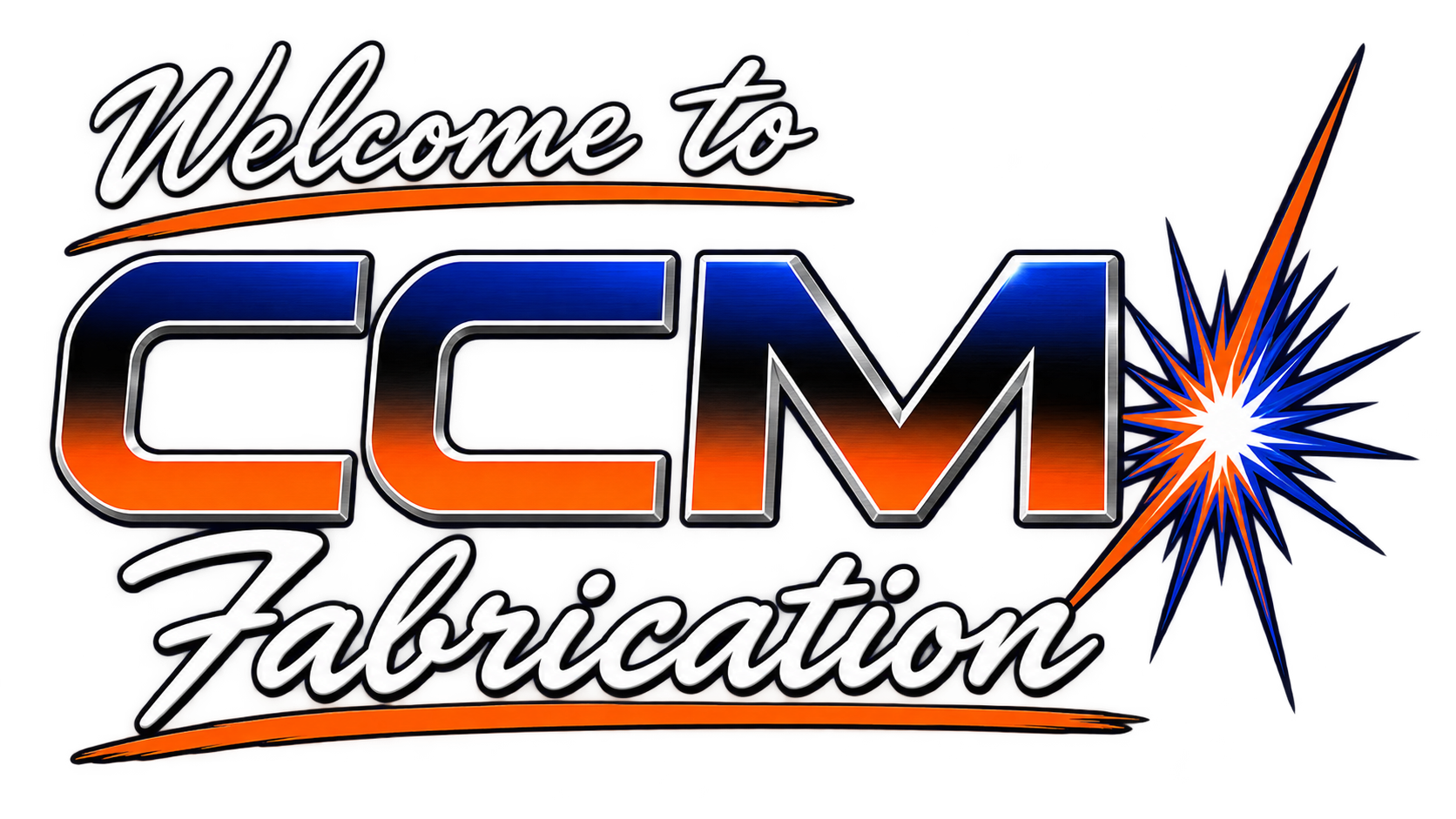 Welcome to CEM Fabrication logo with bold blue and orange lettering and a starburst graphic