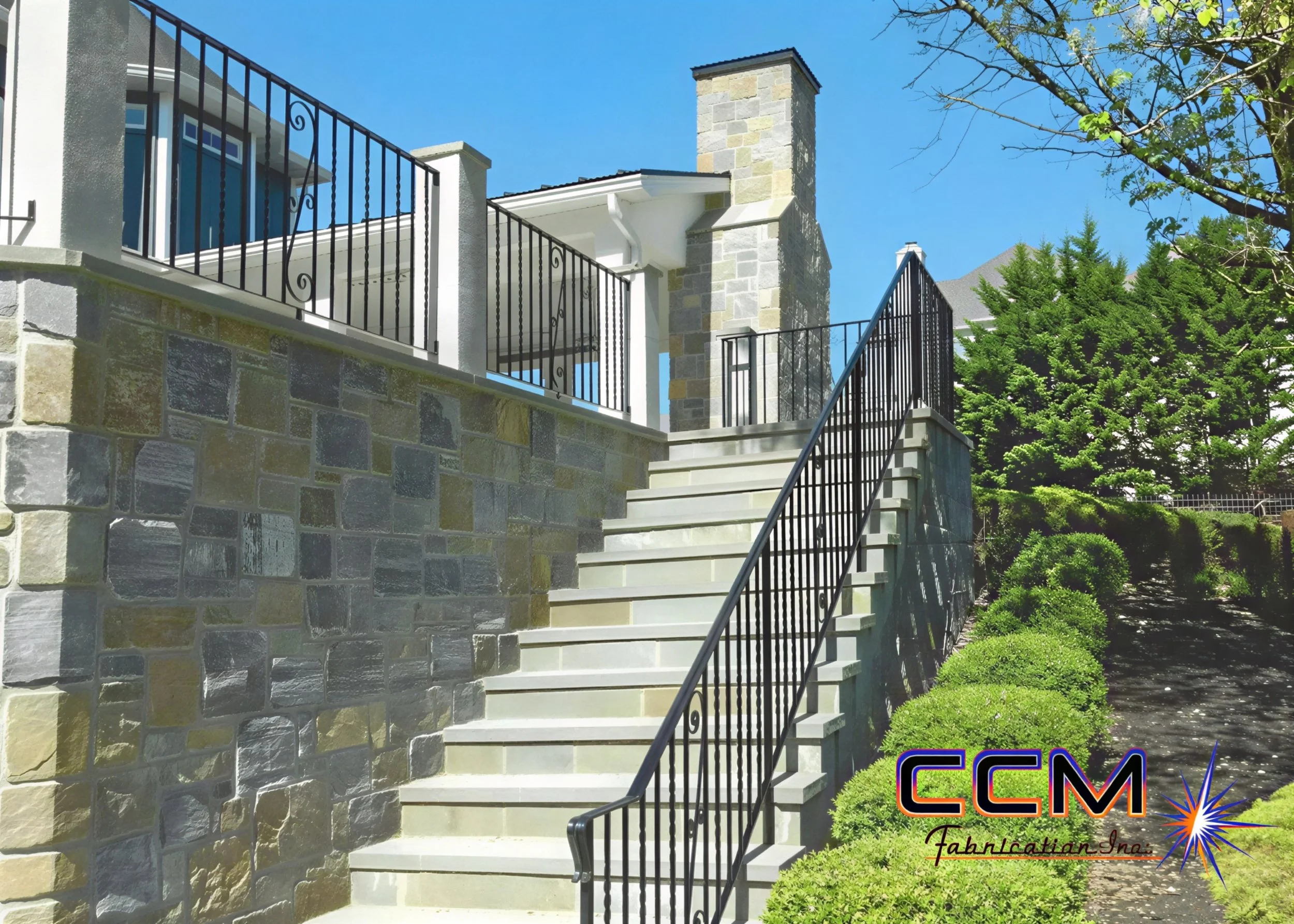Custom stair railings that are powder coasted and installed by CCM.