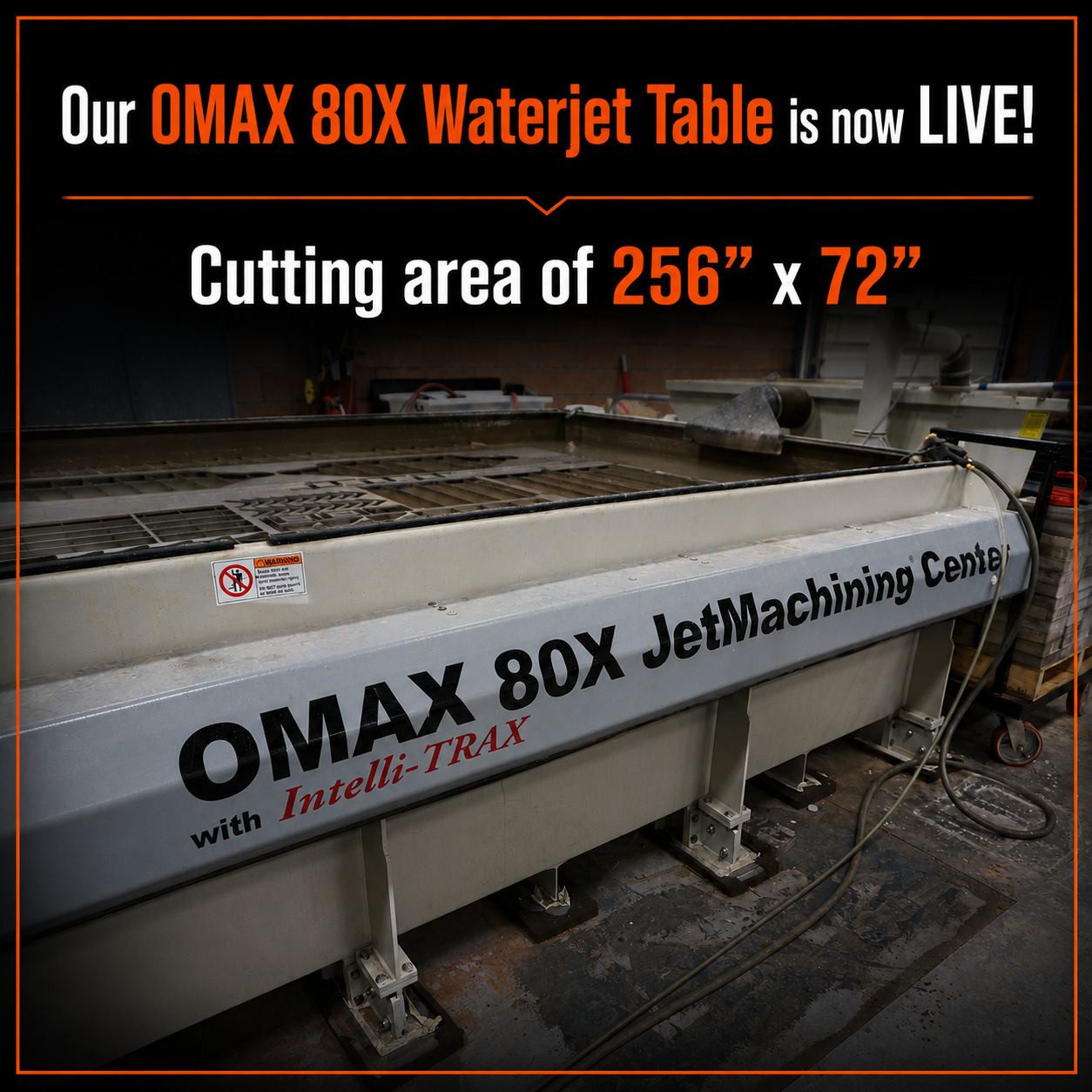OMAX 80X waterjet cutting machine with a 256-by-72-inch cutting area