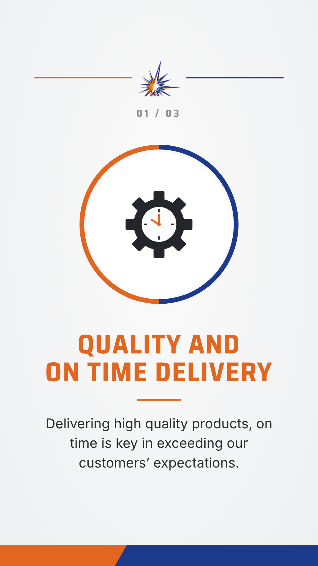 Quality and on-time delivery infographic with gear clock icon and orange and blue circular graphic