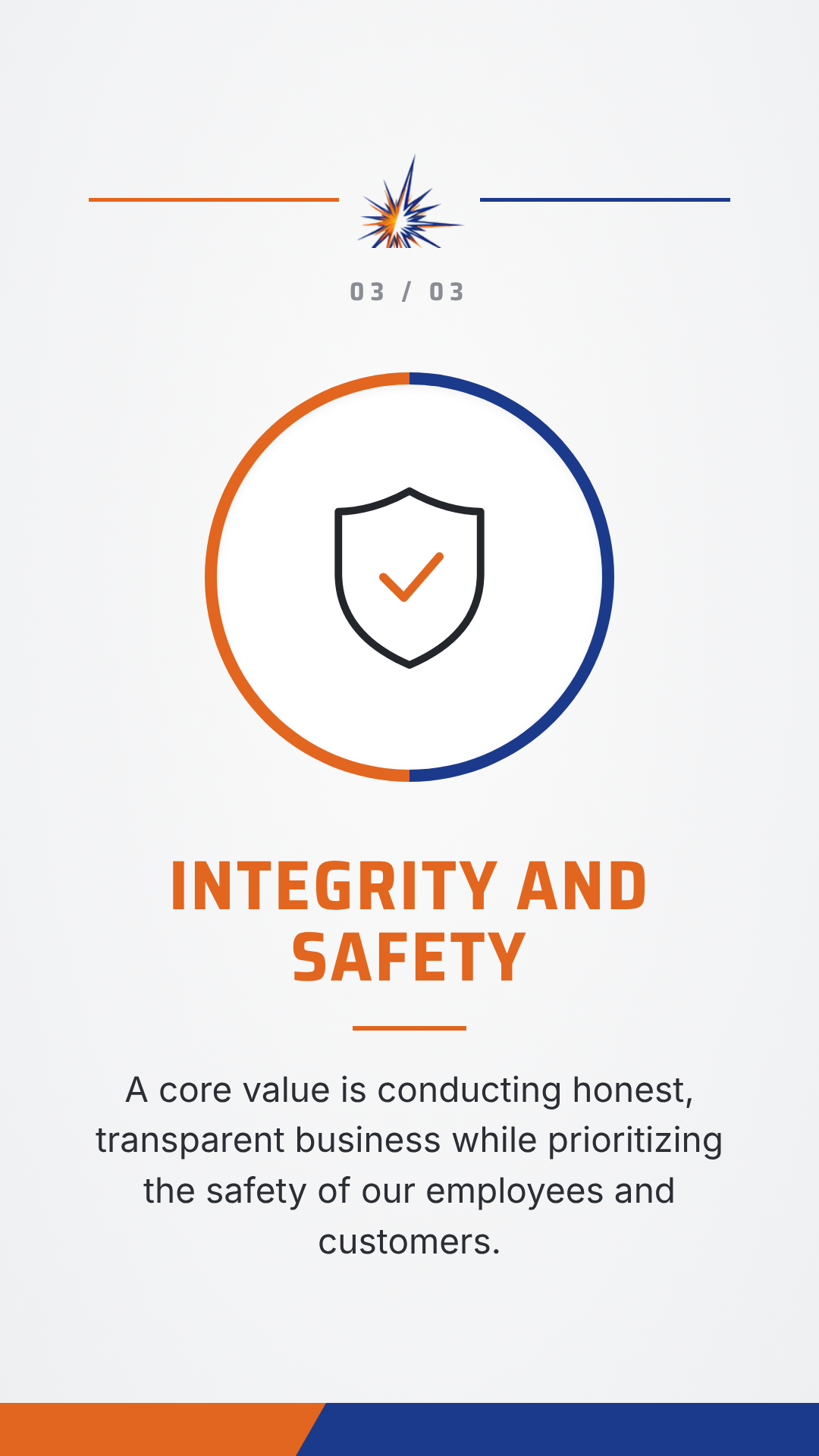 Integrity and safety values graphic with shield and checkmark icon, emphasizing honest, transparent business and employee and customer safety.