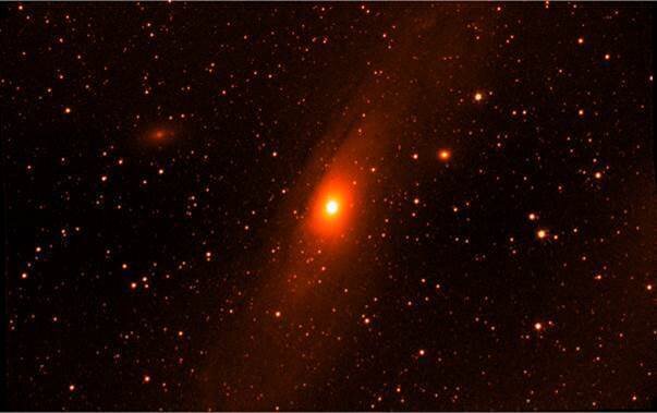 Figure 2. Composite false-color image of the Andromeda galaxy created by stacking 12 Medium FOV channel images for a total exposure of 19.2 seconds. This image demonstrates the exceptional stability obtained by the Tyvak-0130 satellite.
