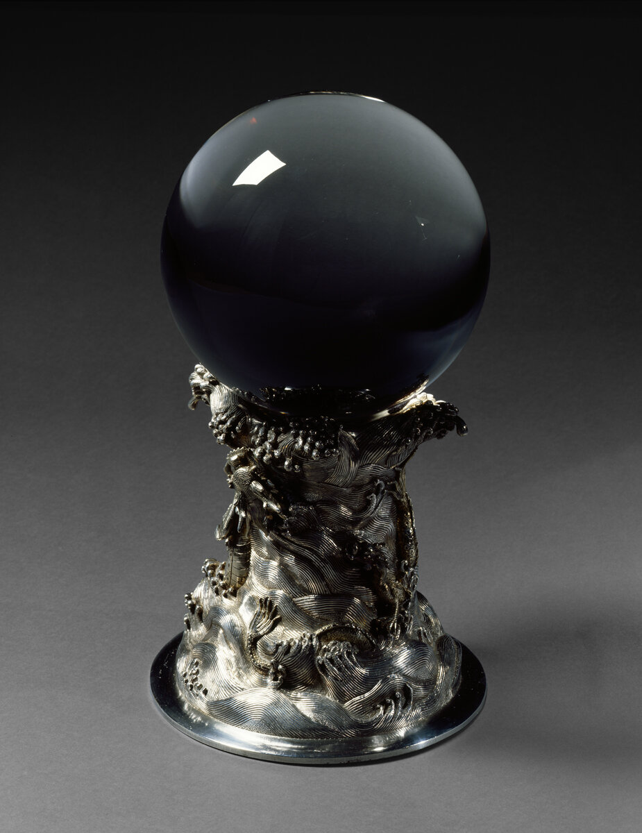 8 Crystal Sphere Japan Meiji era (1868?1912)Rock crystal, silvered and gilded mount Sphere- Diam. 11 ? in. (28.9 cm.); Stand- H. 11 ? x Diam. 12 (29.21 x 30.48 cm.)Crow Museum of Asian Art, 1983.15.jpg