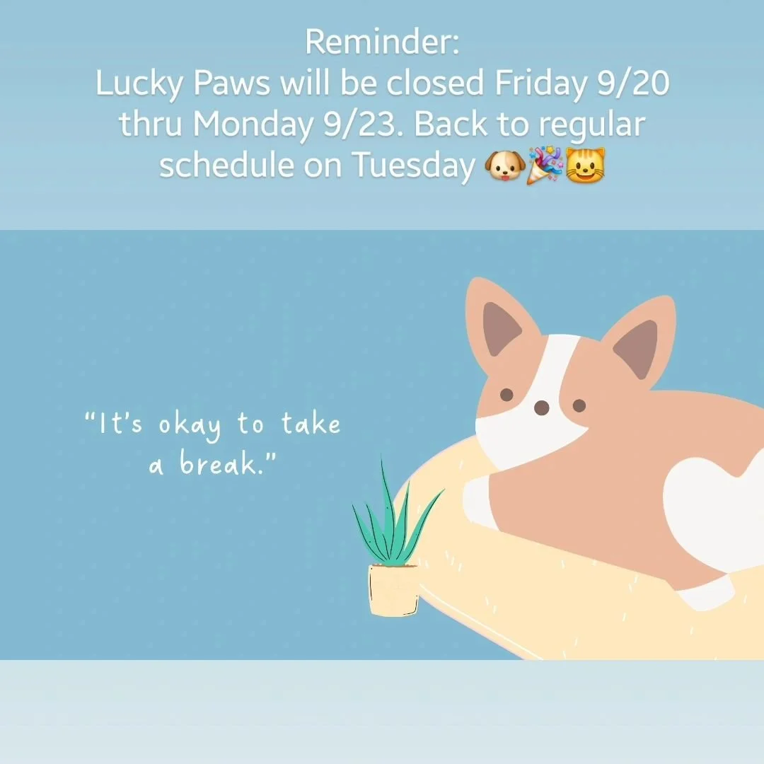 *Reminder*
Lucky Paws will be closed Friday Sept 20th through Sept 23. I appreciate everyone's flexibility and we will be back to business Tuesday. 
🐶 😺