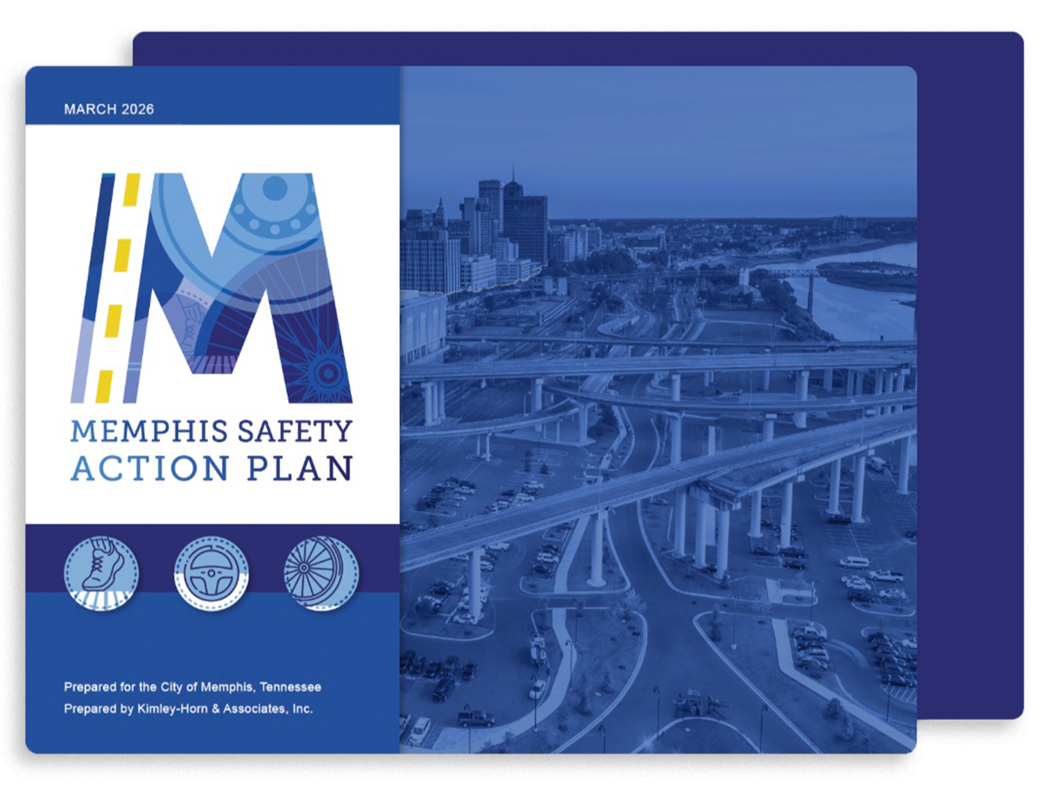 Cover page of the Memphis Safety Action Plan, March 2026, with a city skyline and highway overpasses in Memphis, Tennessee, and icons representing footwear, steering wheel, and road wheel.