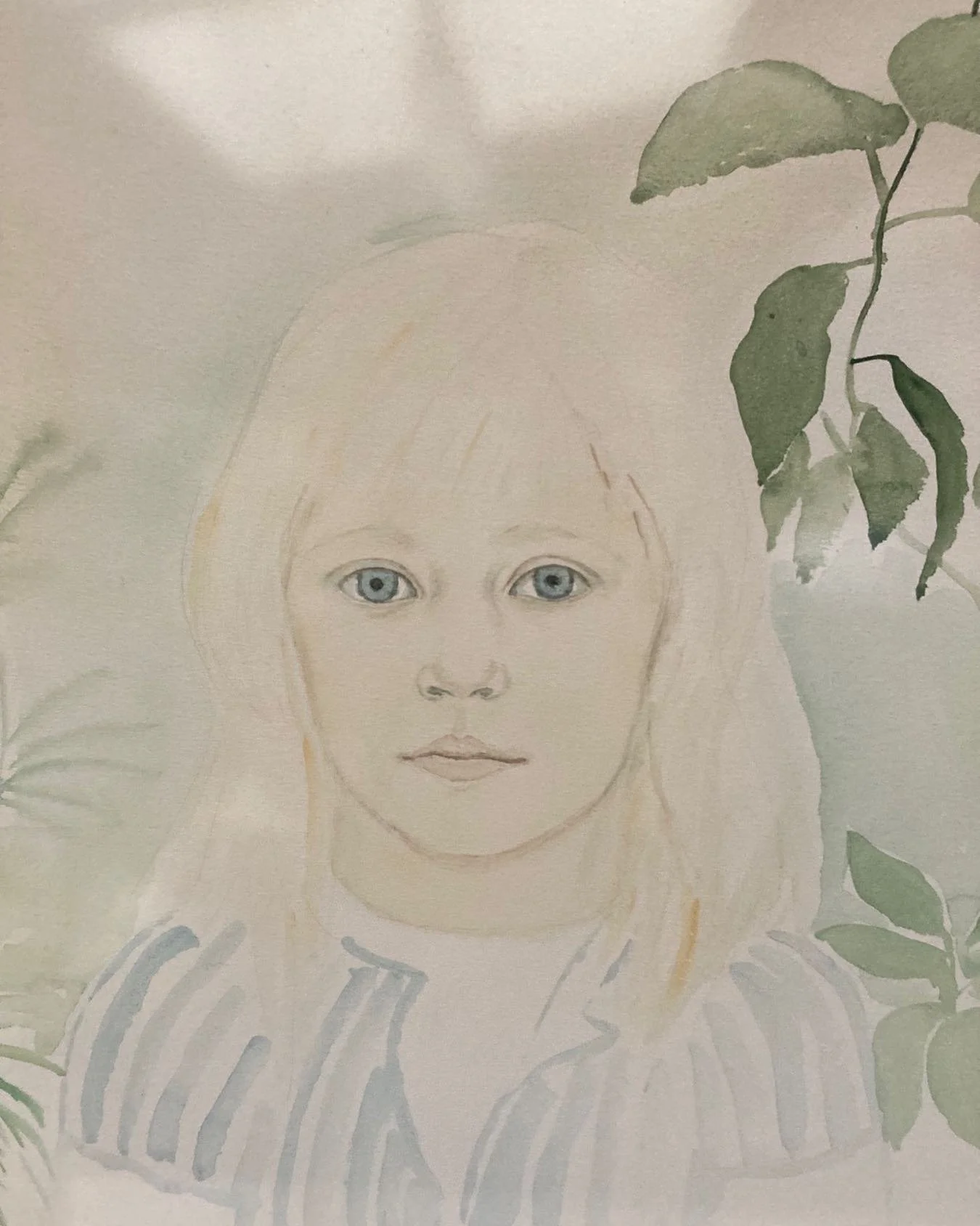 Min dotter 3 &aring;r gammal.  Hon var sjuk och satt i s&auml;ngen. 1977 akvarell