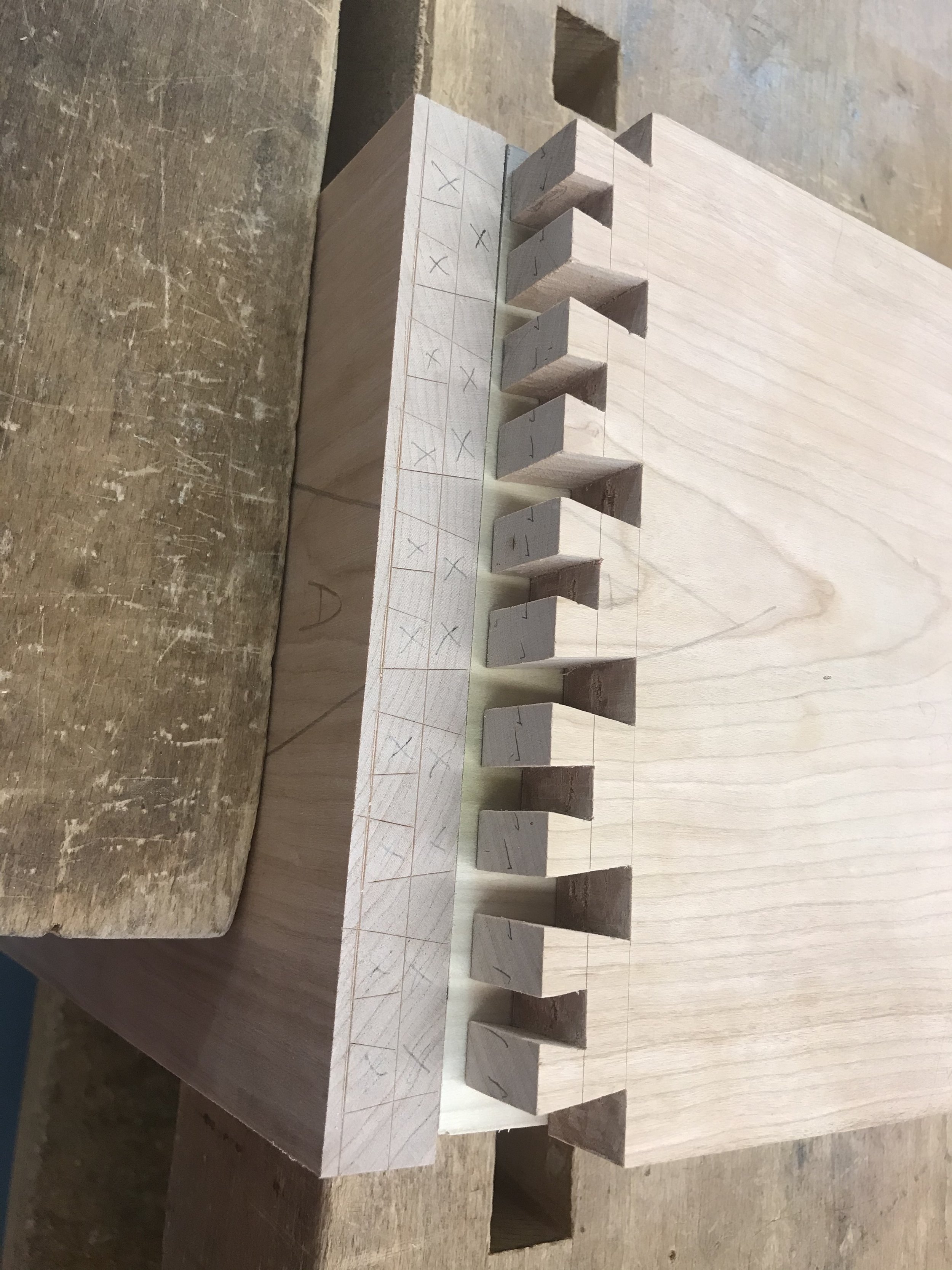 Handcut houndstooth joint on cherry footstool