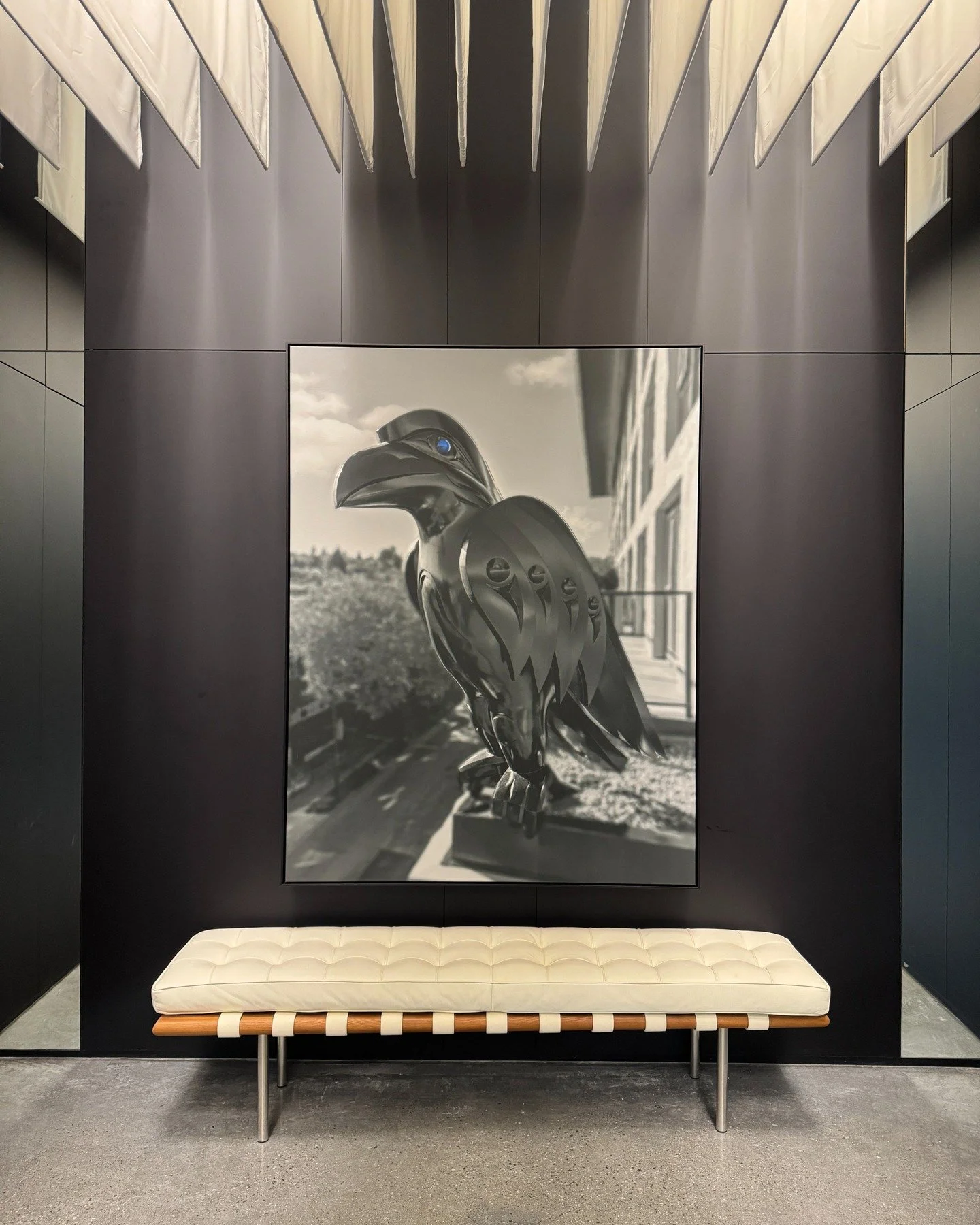 New installation views from the lobby of Westbank&rsquo;s The Raven @theravenvancouver ✨

Three framed prints on canvas, suspended by wire, feature photographs of Musqueam artist Thomas Cannell&rsquo;s Sp&aacute;al&rsquo; (Raven) sculptures&mdash;pow