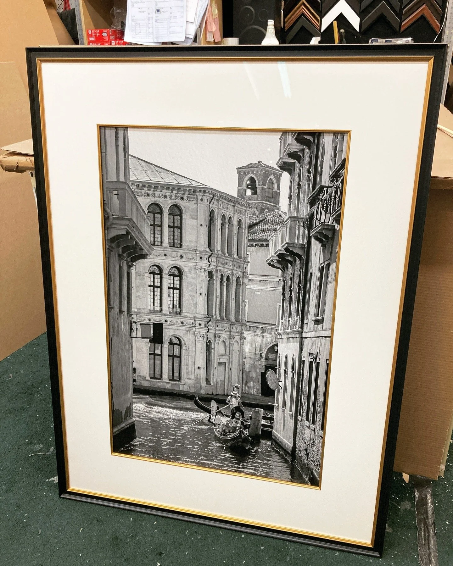 Gold details for @farmboyfinearts - adding a touch of romantic elegance to the workshop! ✨

This beautiful gold fillet detail compliments the classic black and white Venice scene perfectly 💛

Crafted with precision using our Jyden miter chopper for 