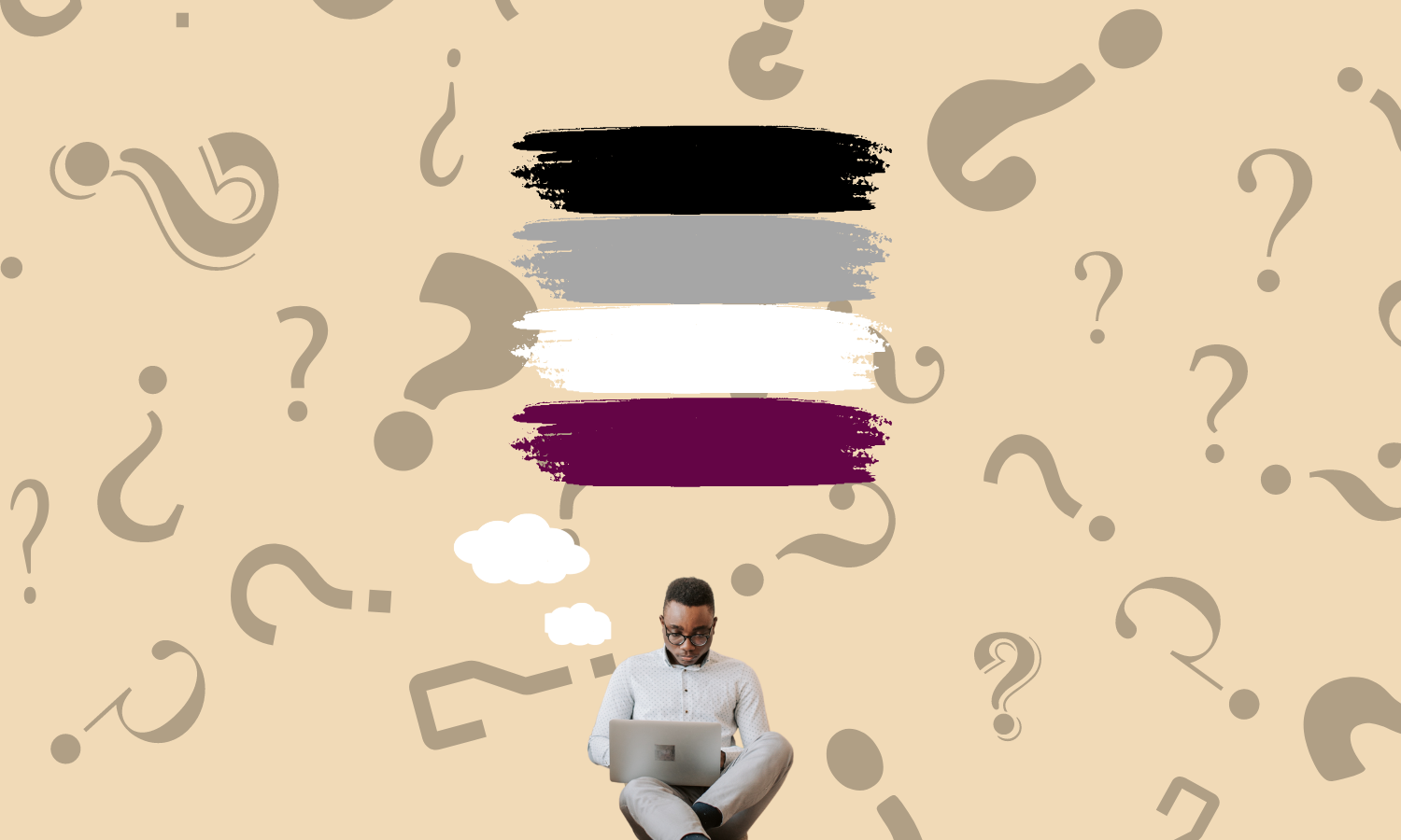A person doing research about asexuality, questions marks on the background
