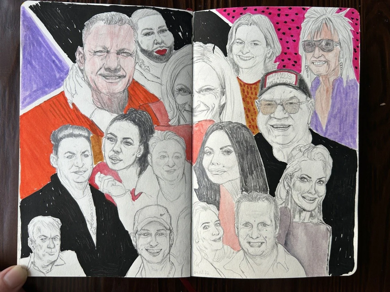 Skizze einer Gruppe von Männern und Frauen mit buntem Hintergrund