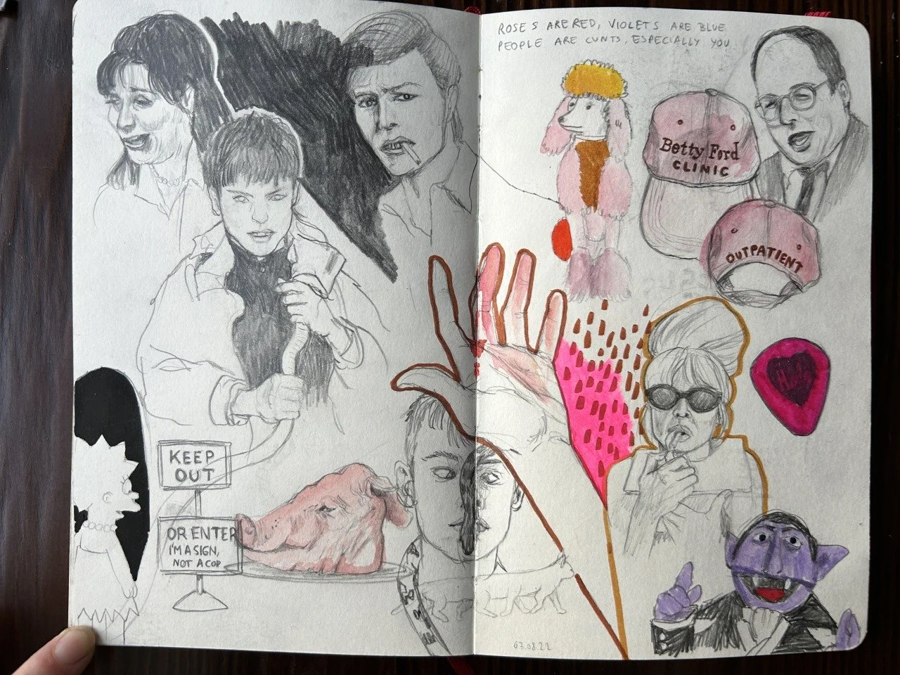 Skizze mit mehreren schwarzen und weißen Zeichnungen von Menschen, Tieren und Gegenständen, ergänzt mit bunten Akzenten. Enthält Porträts, Schilder mit Texten, eine Hand, eine Blume, Herzsymbole und bekannte Figuren. Einige Texte sind: 'ROSE'S ARE RE