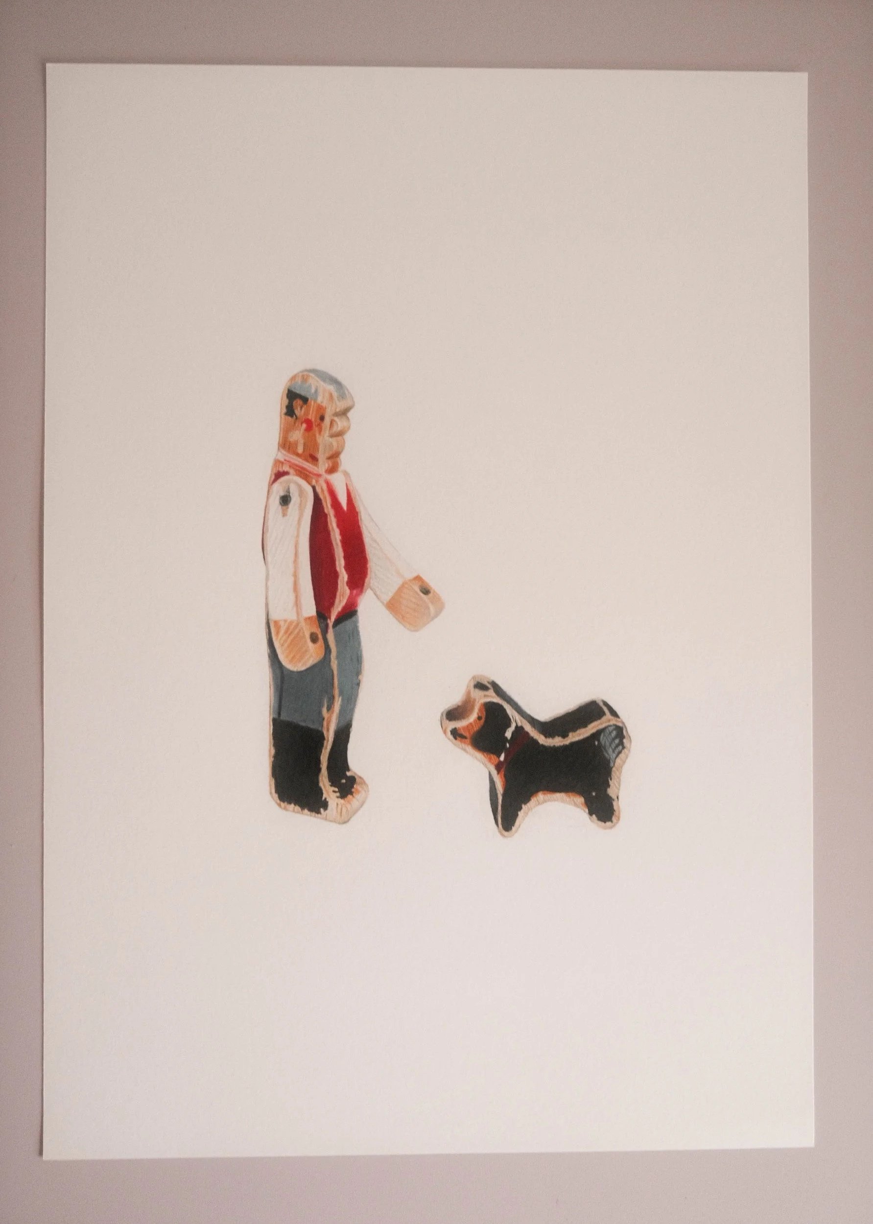 Original Buntstiftzeichnung: Mann mit Hund auf dem Bauernhof, Holzspielzeug