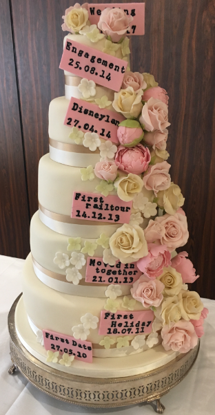 Rail ticket wedding cake with floral cascade.PNG