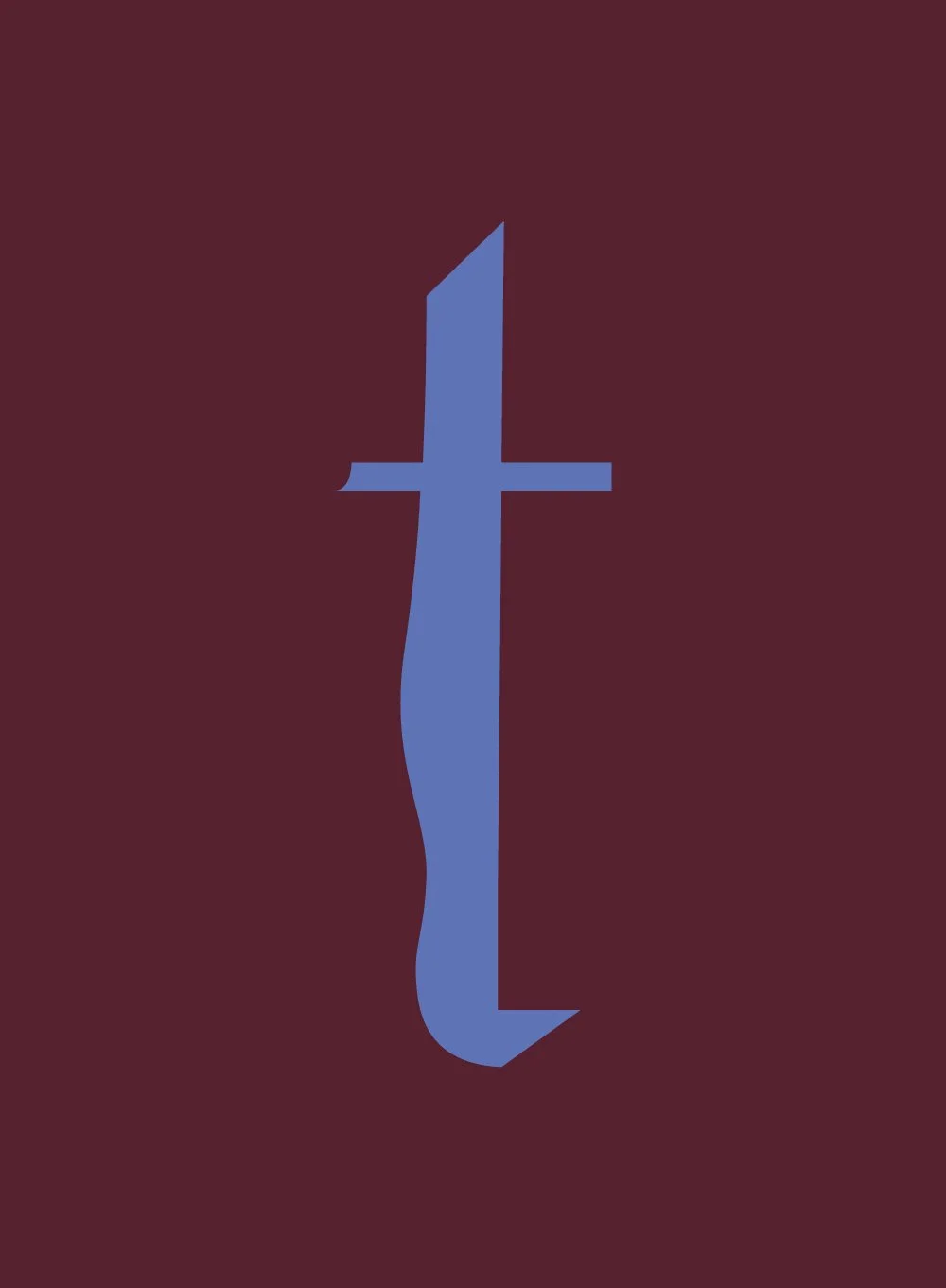 Stylized letter 't' in blue on a dark red background.