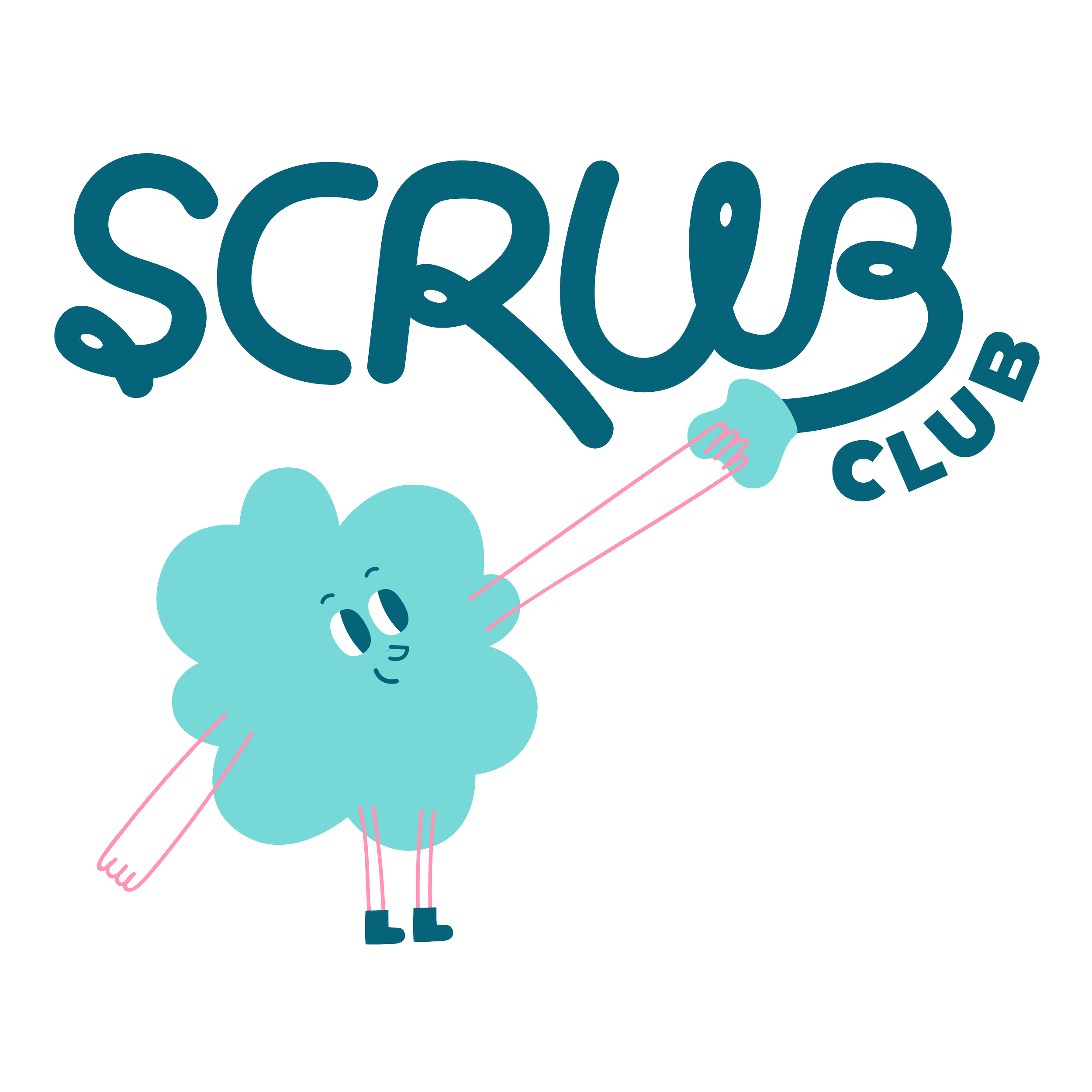 A cartoon illustration of a bobblehead character with blue hair and a smiling face, holding a fishing rod with pink lines and blue boots. The text says 'Scrubs. It’s a vibe.'