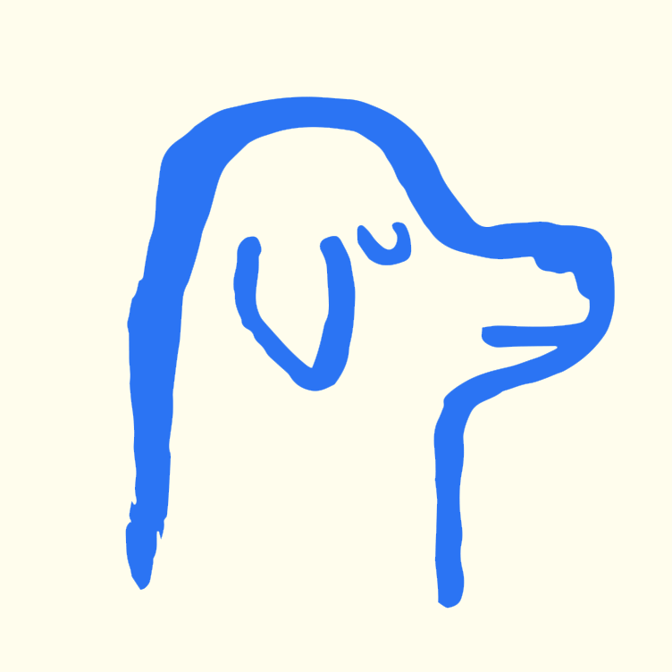 A simple line drawing of a dog's face in blue on a light background.