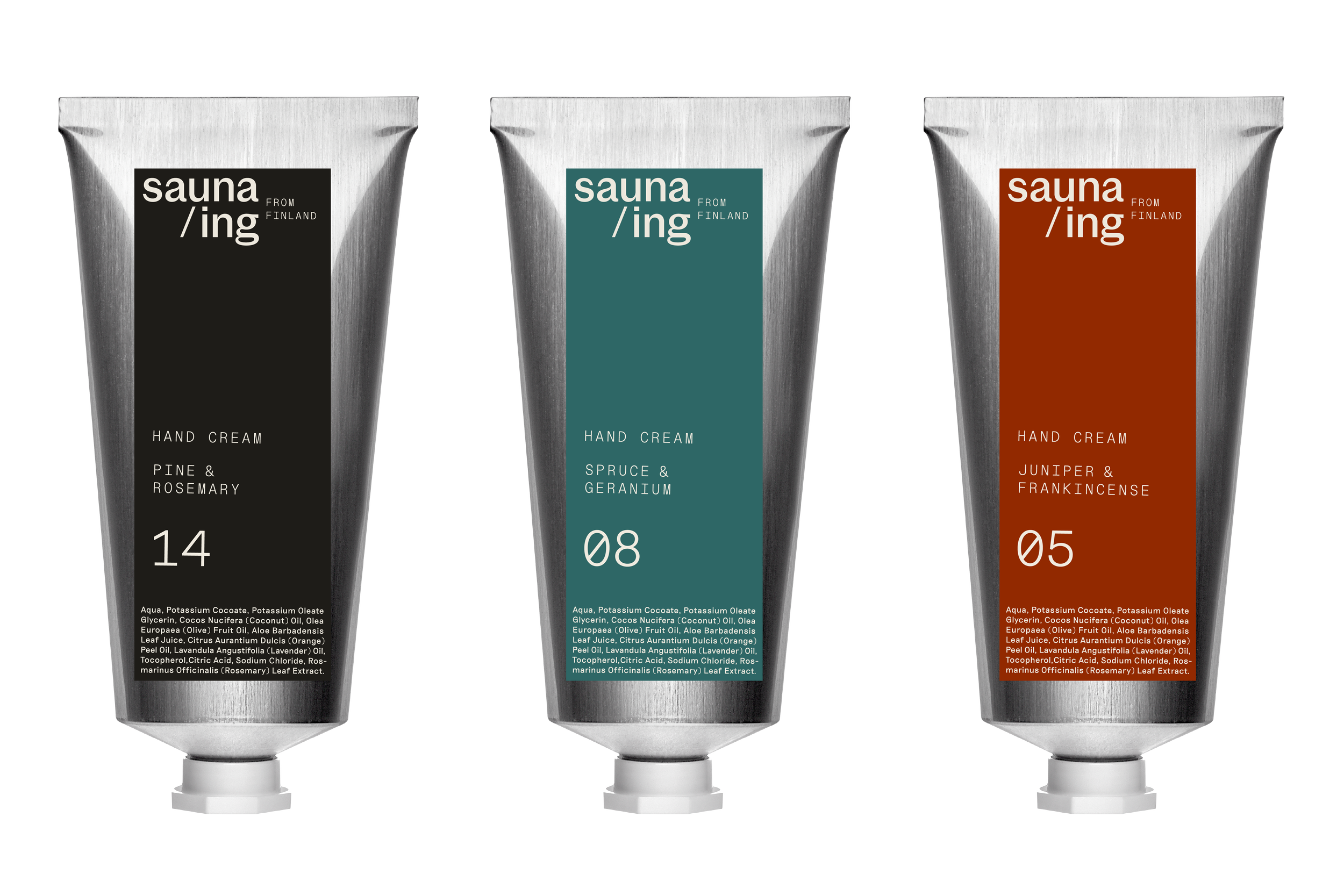 Three tubes of hand cream with different colored labels: black, teal, and orange. Each label contains the product name, ingredients, and scent notes.