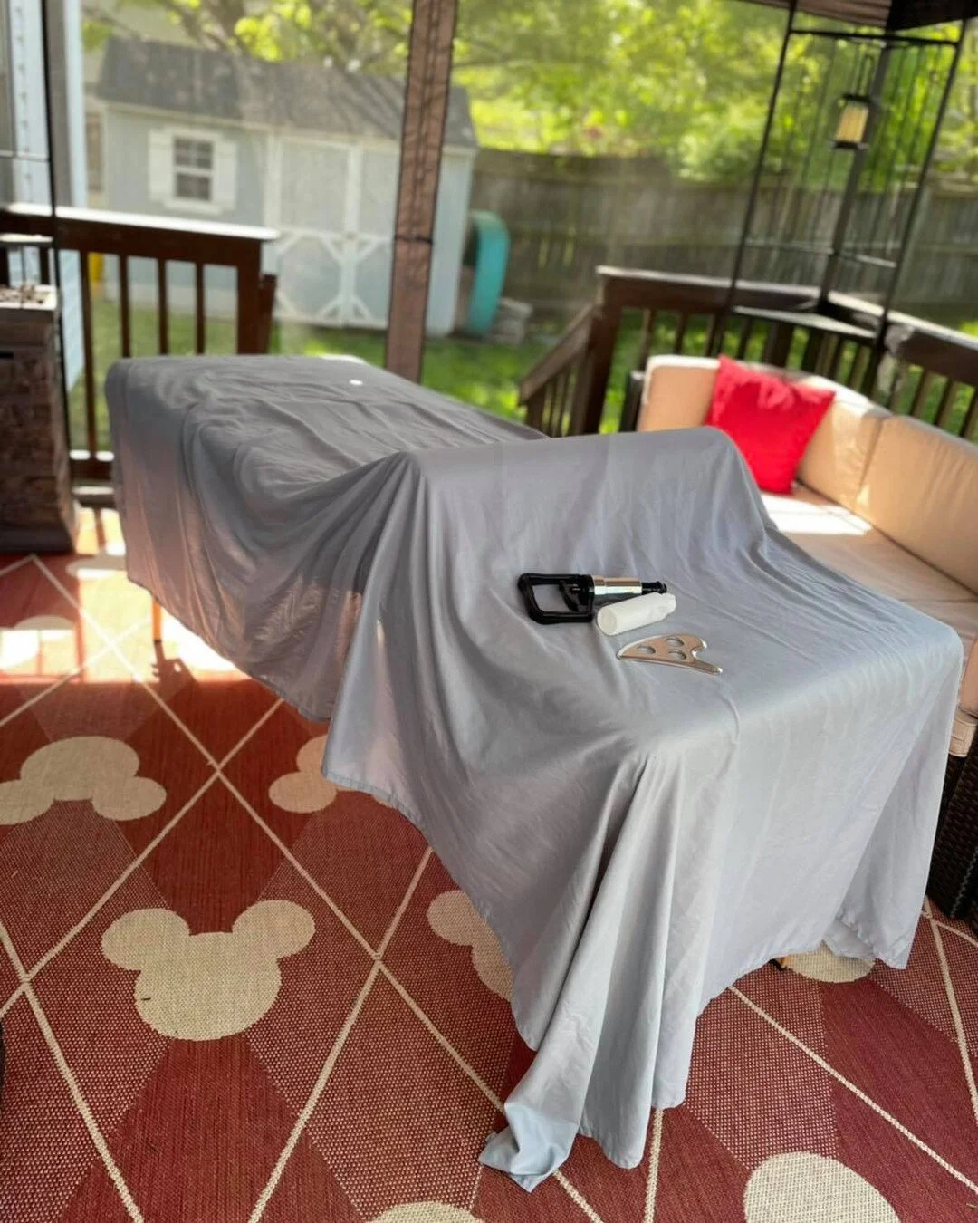 Sunshine and massage? I&rsquo;m here for it. 
The joy of having a home office means not being tied to one spot. My back deck is secluded and offers the opportunity to soak in some sunshine and warmth. 

Where my daytime clients at? Would you be inter