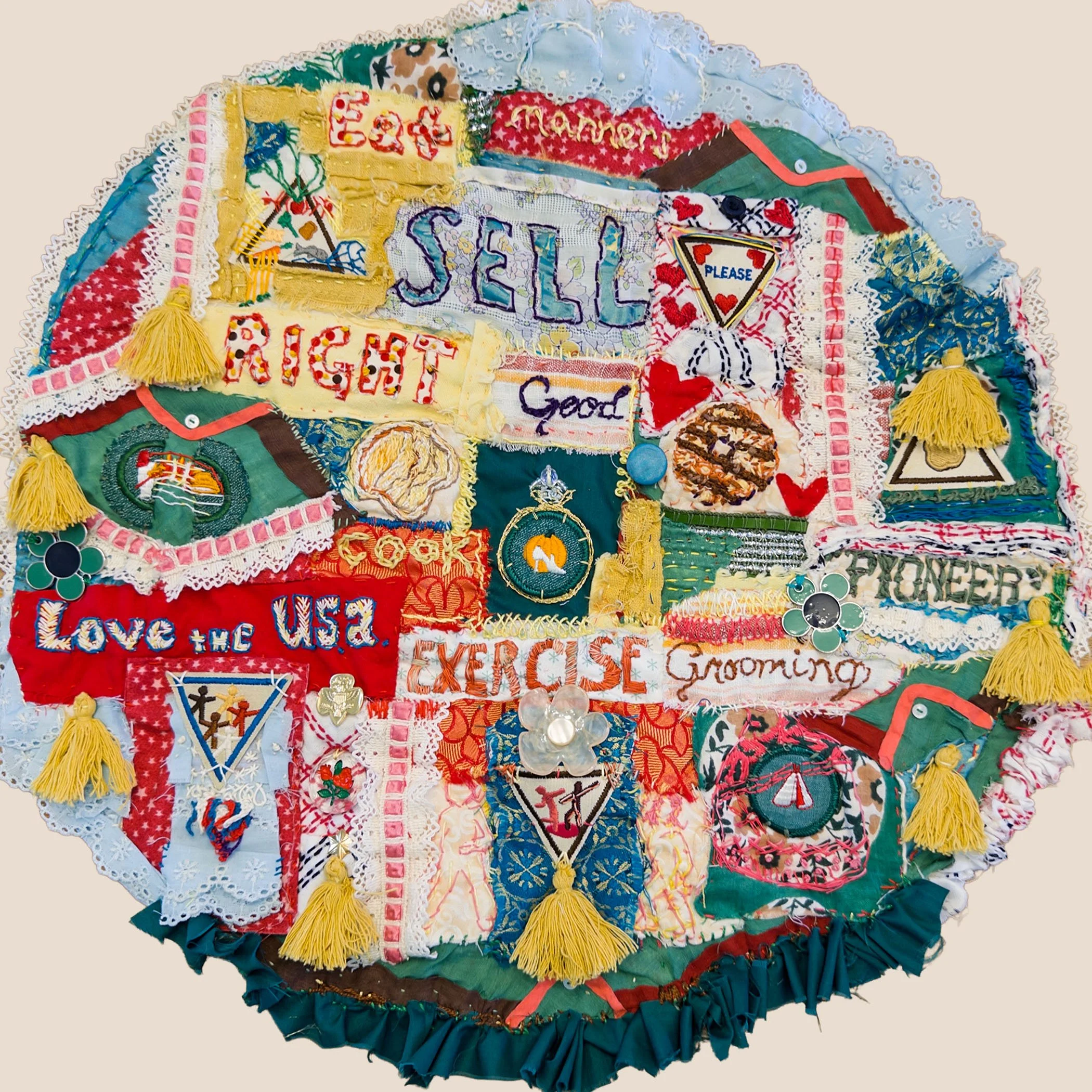  “Respect Authority” - 18 inches diameter. Vintage Girl Scout badges, vintage and reclaimed fabric, fibers and jewelry components. 