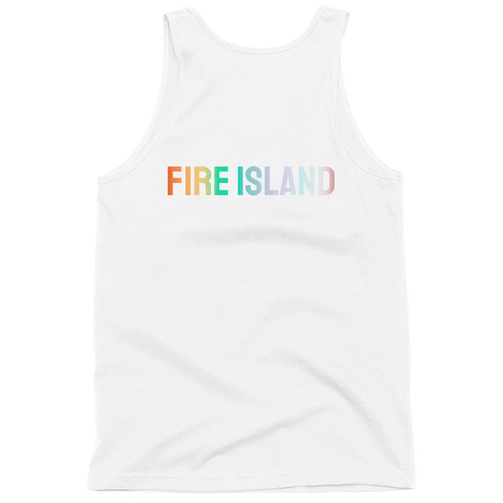 White tank top with "Fire Island" in colorful gradient letters on the front.