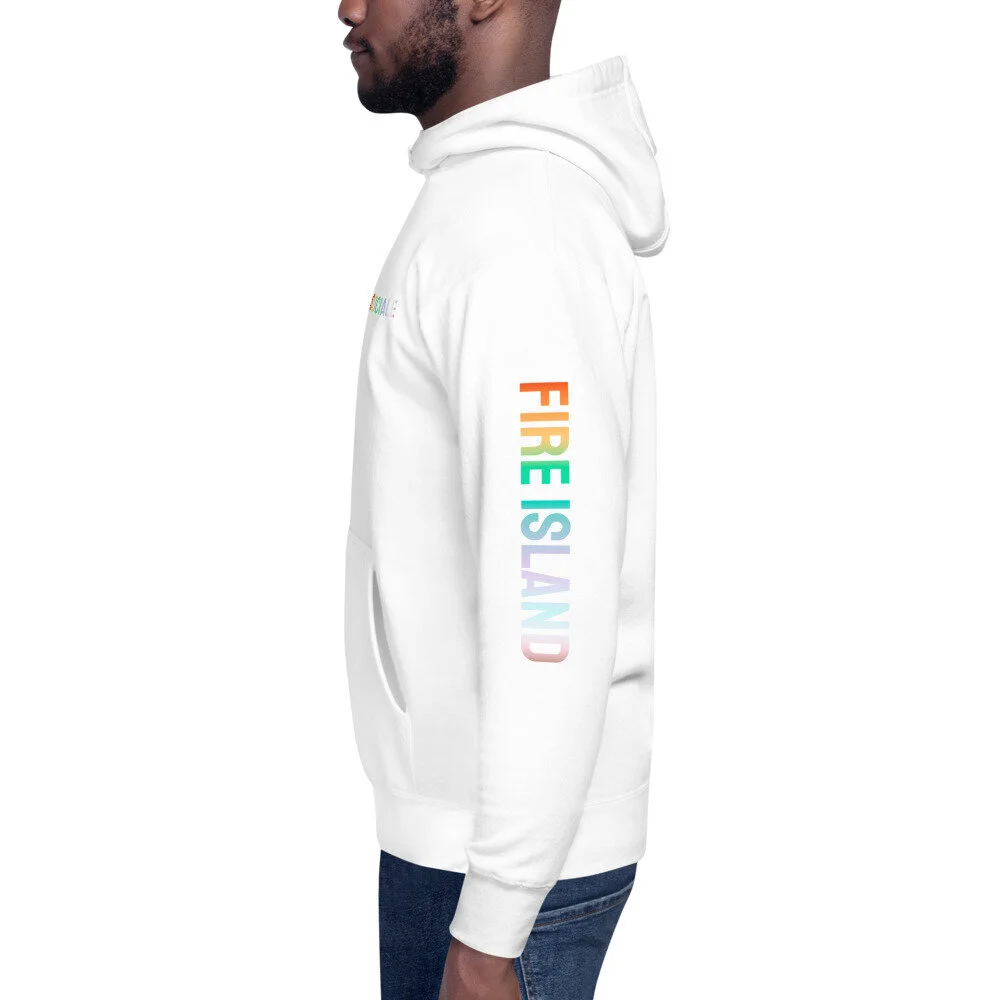 Side profile of a person wearing a white hoodie with "FIRE ISLAND" in multicolored letters on the sleeve.