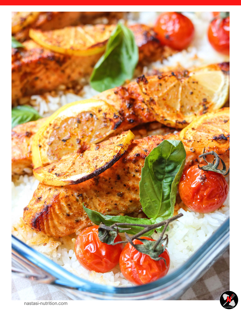 Baked Salmon Tray with Rice &amp; Tomatoes