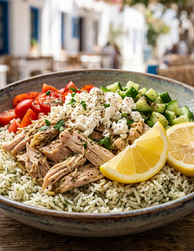 Crockpot Greek Lemon Chicken Rice Bowls