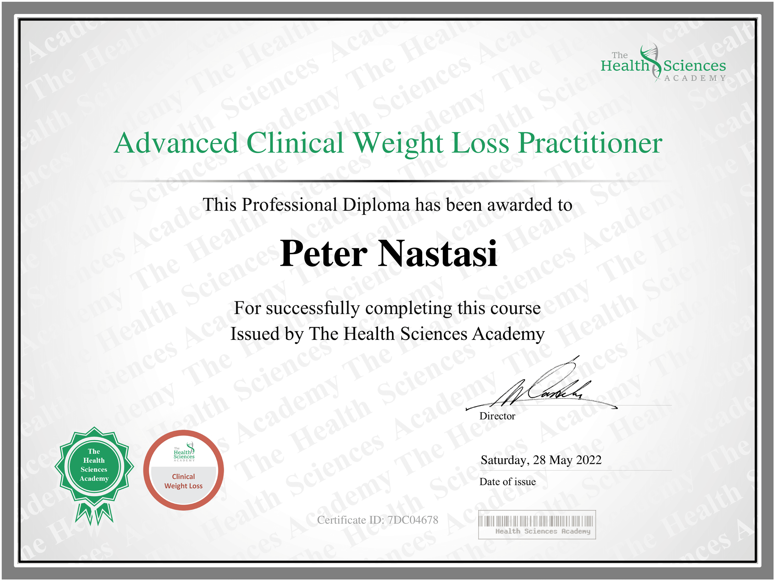 N2 Nutrition and Performance - Athletic Performance and Weight Loss Coaching - Health Sciences Academy certification showing that Pete Nastasi has completed the Advanced Clinical Weight Loss Practitioner certification
