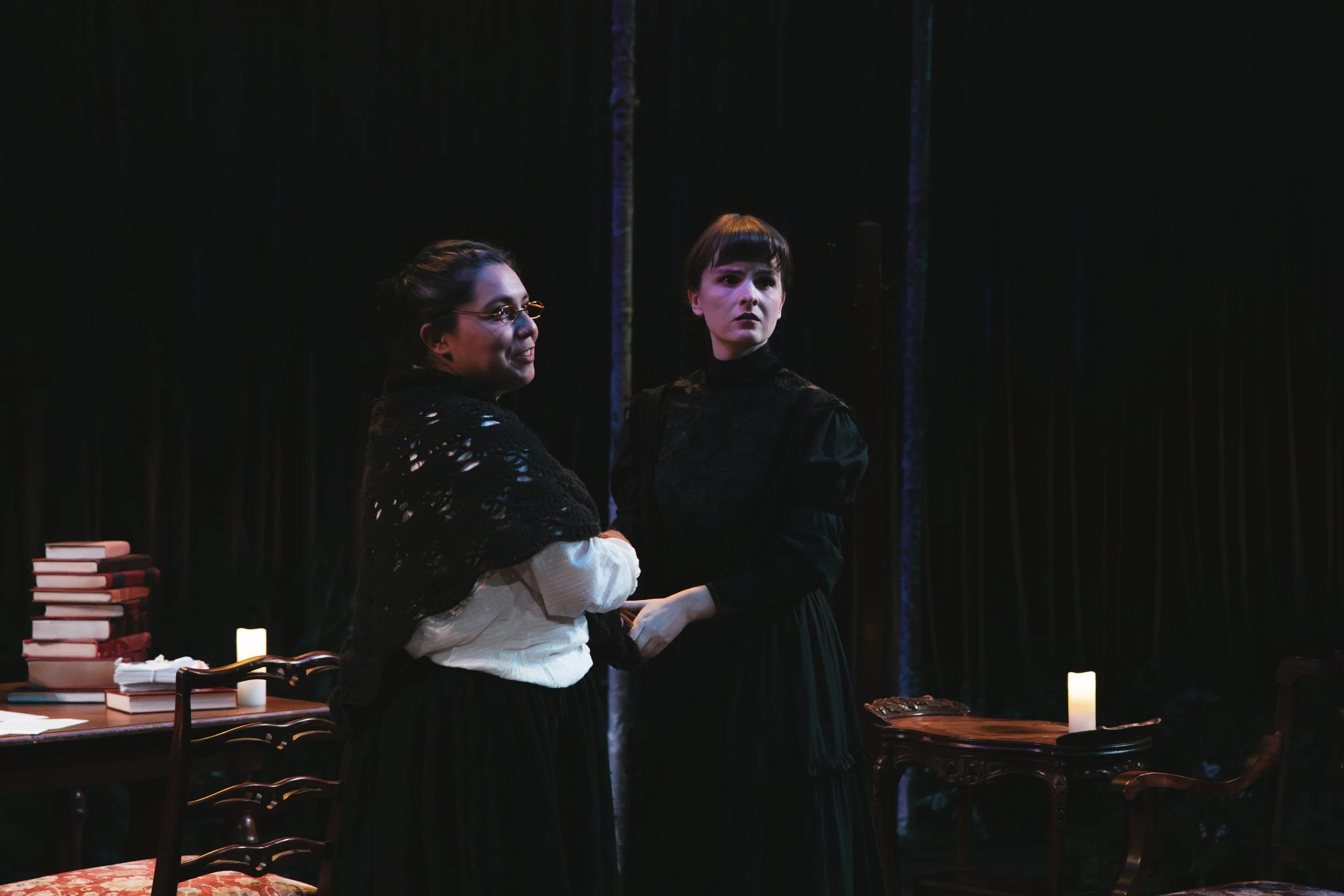 Creative Team:
Directed by Sebastián Bravo Montenegro
Scenic Design: Porter Lance
Costume Design: Nour Afifi
Lighting Design: Marley Keith
Sound Design: Gideon Hall
Stage Manager: Aly Lubiens

Photos by Sunny Martini, permission granted to use by the