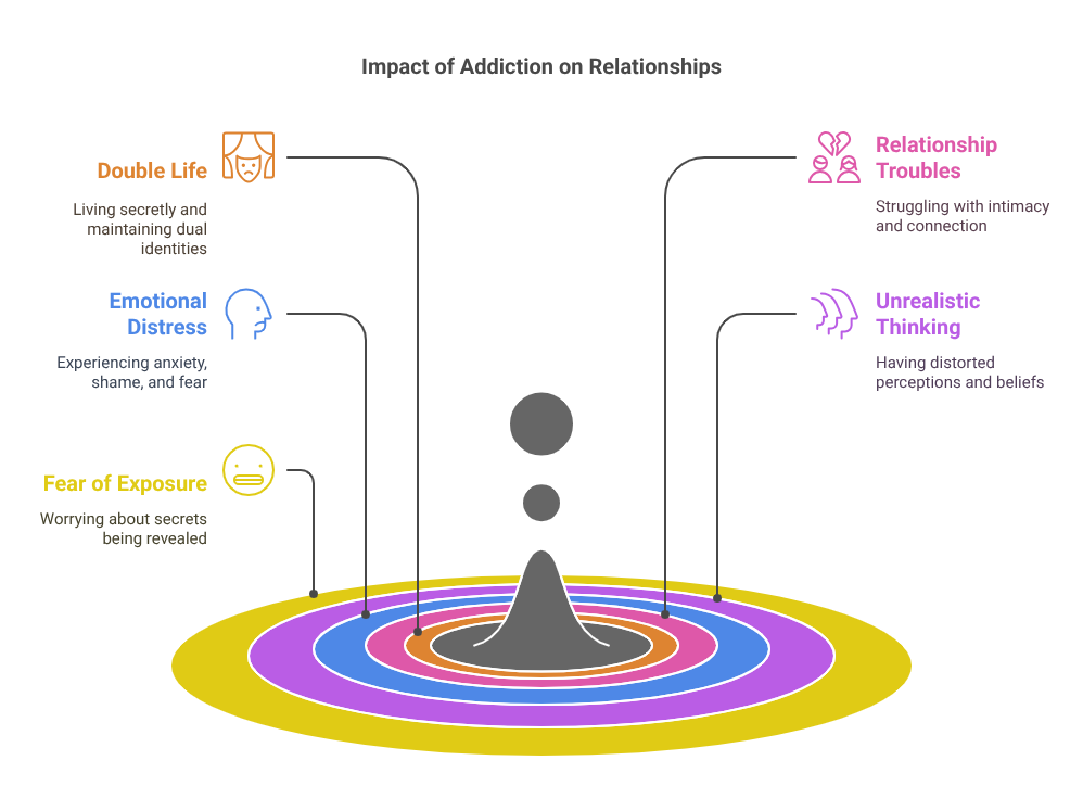 Diagram showing how sexual addiction impacts relationships, including emotional distress, fear of exposure, double life, relationship troubles, and unrealistic thinking - key relational effects explored in understanding sexual addiction
