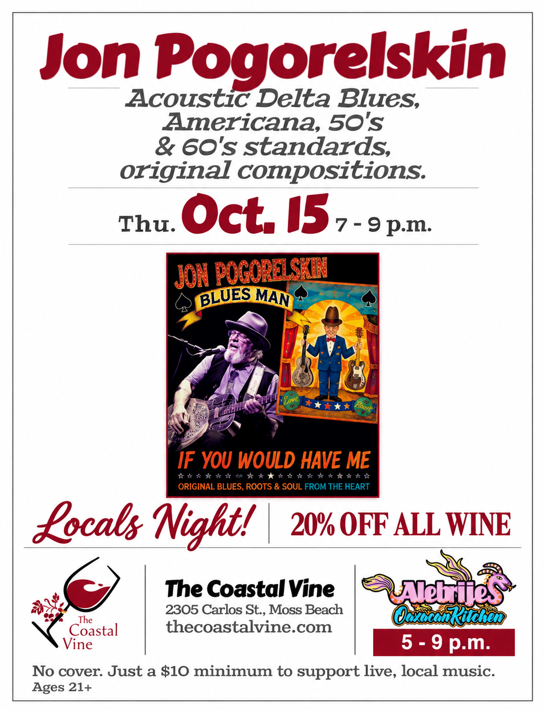 Live Music - Jon Pogorelskin, Locals night, &amp; alebrijes