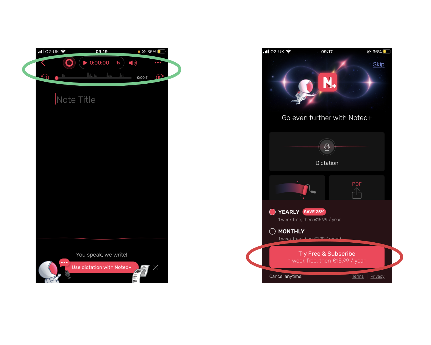Noted Homescreen and subscription pages