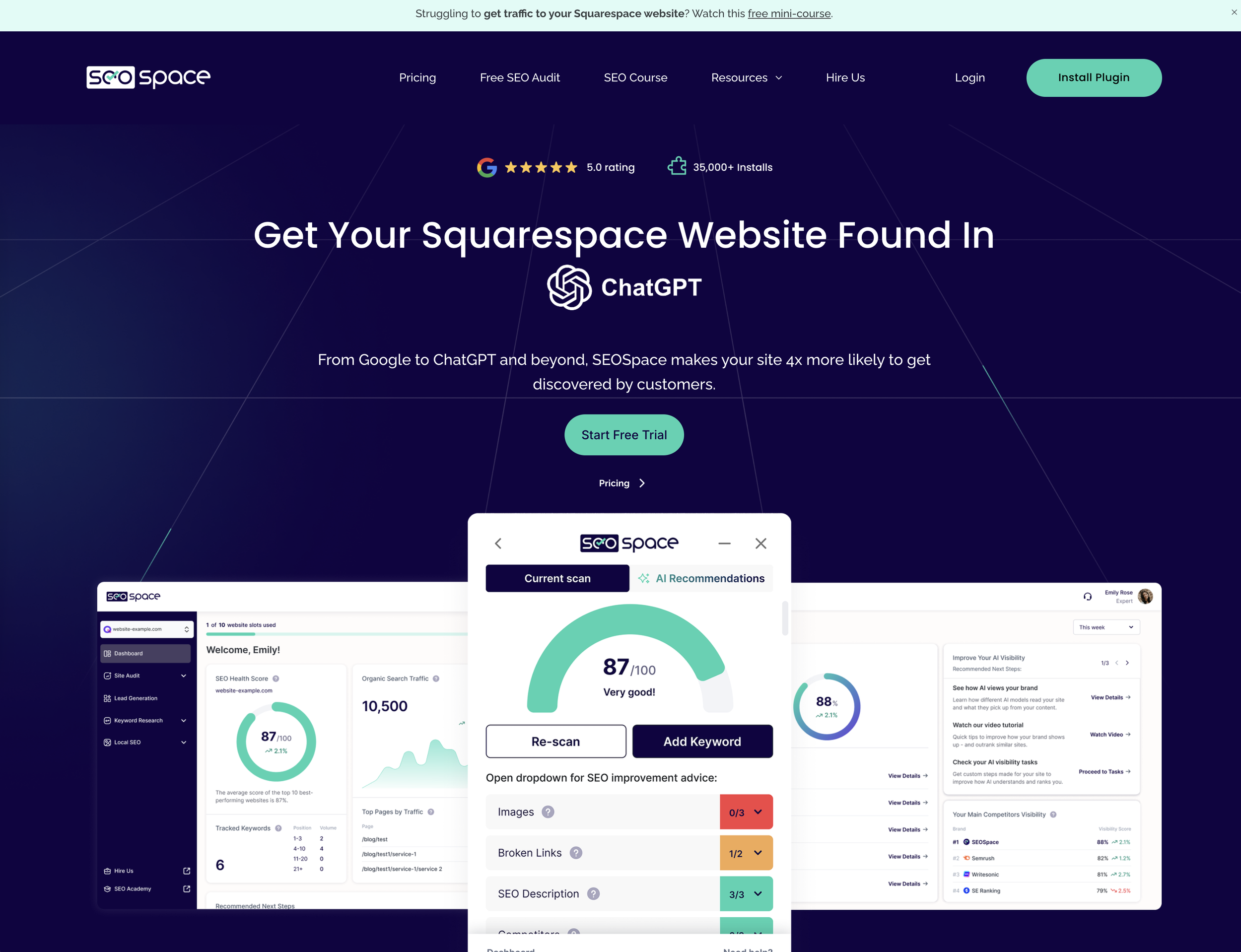 Screenshot of SEO Space website homepage promoting SEO tools and services, featuring a call-to-action button for a free trial and an overview of SEO analysis interface.