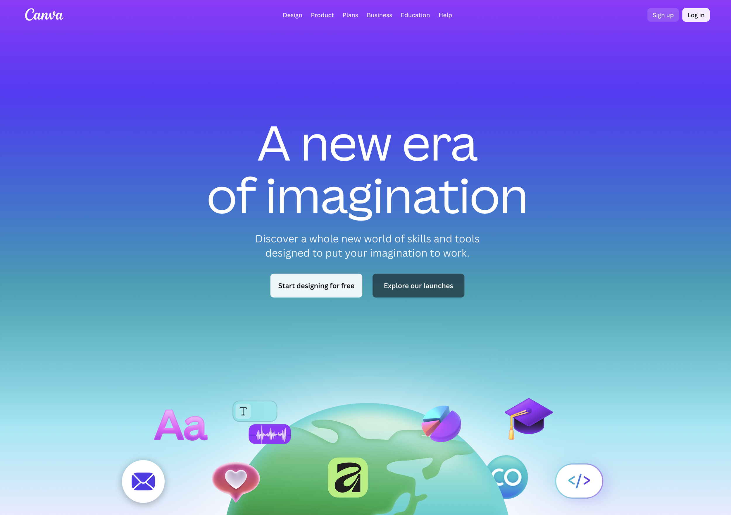 Screenshot of Canva website homepage featuring a gradient background from purple to blue to teal. The top menu includes links for Design, Product, Plans, Business, Education, Help, with buttons for Sign Up and Log In. The main text says 'A new era of imagination,' with a subtext about discovering skills and tools. There are two buttons: 'Start designing for free' and 'Explore our launches.' The lower part of the image shows a stylized globe with colorful icons representing design, communication, creativity, education, and technology.